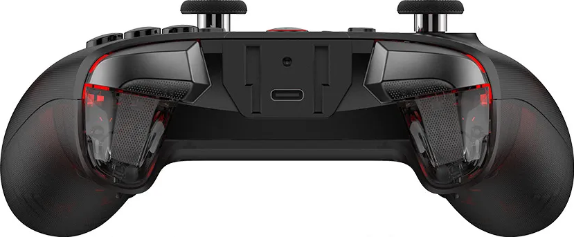 Controller da gioco nero con accenti rossi e porta USB-C.