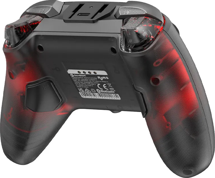 Controller di gioco nero trasparente con luci interne rosse e marchio Gamesir.