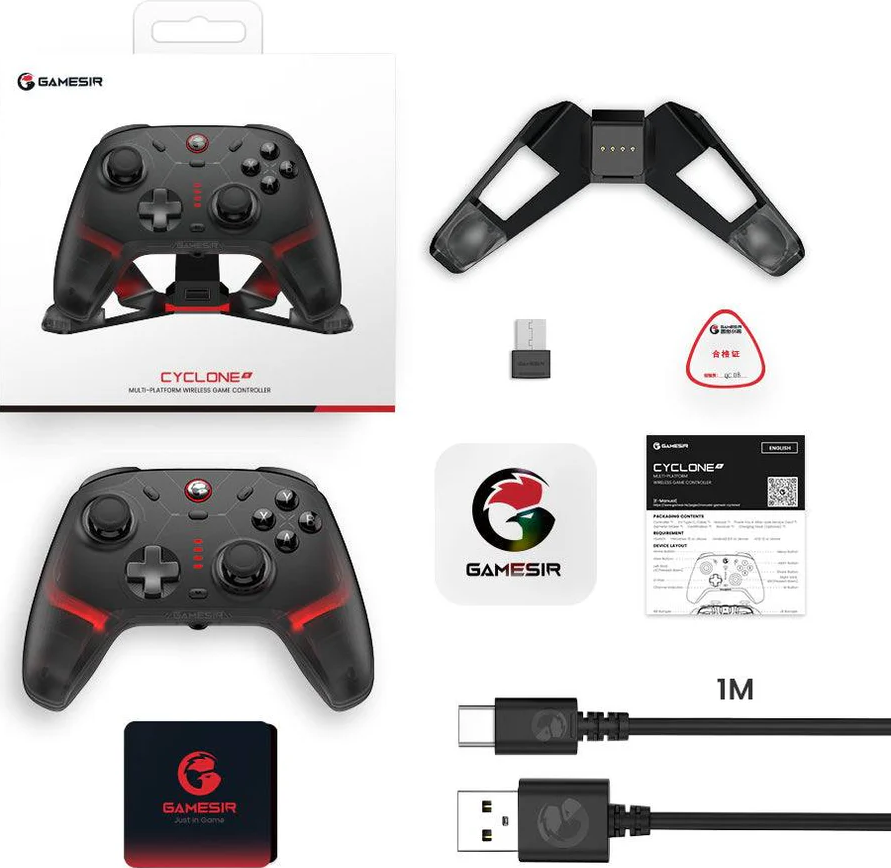 Controller Gamesir Cyclone con accessori: supporto, dongle USB, manuale, cavo.