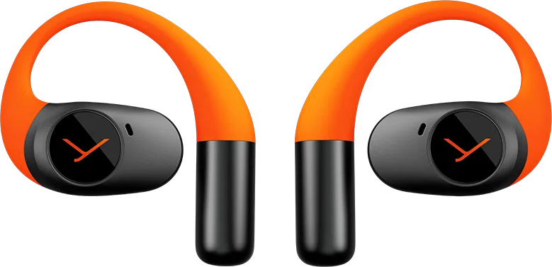 Deux écouteurs orange et noirs avec logo sont affichés sur fond noir.
