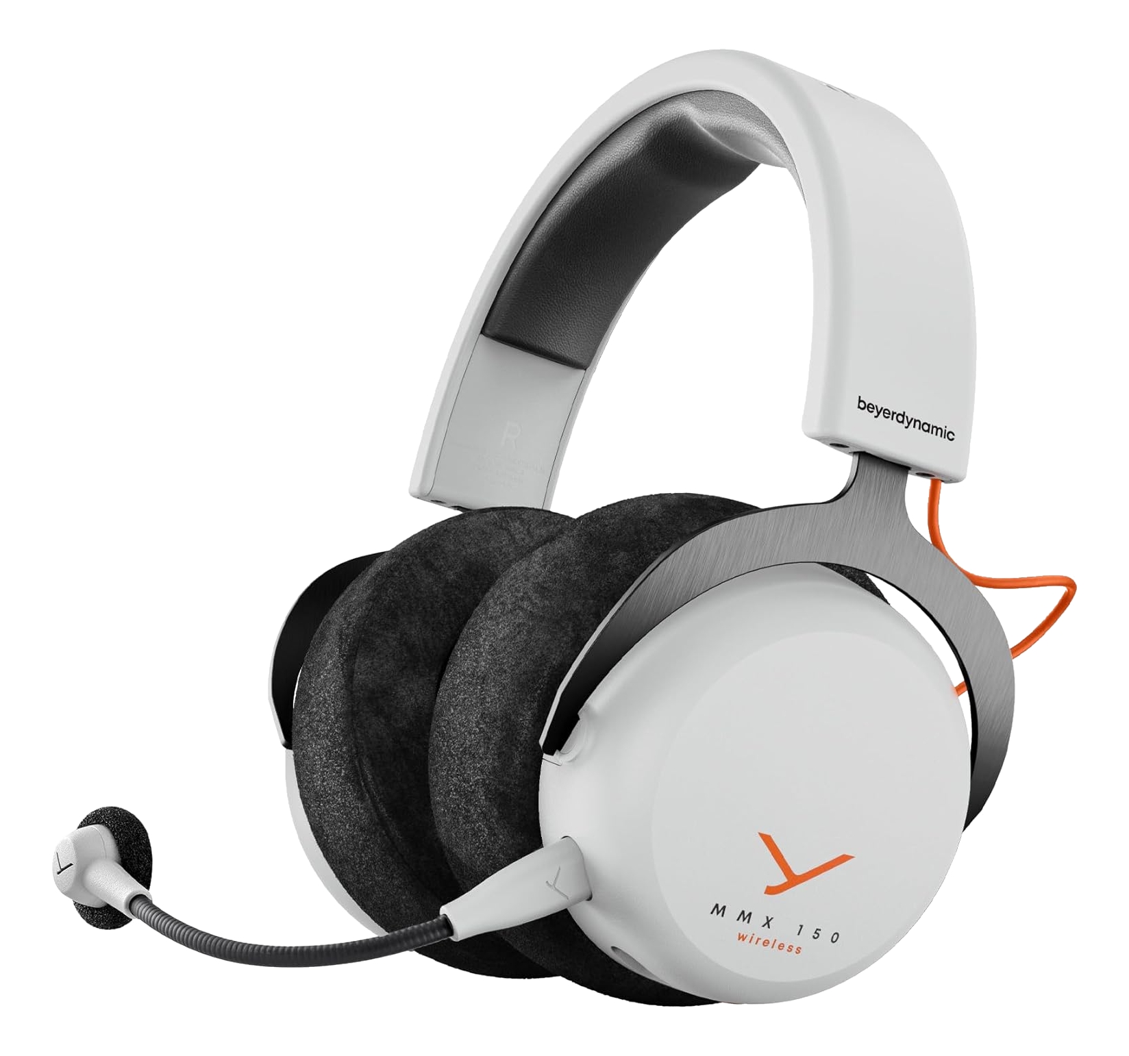 Weiße Beyerdynamic MMX 150 Wireless Kopfhörer mit Mikrofon und orangefarbenem Kabel.