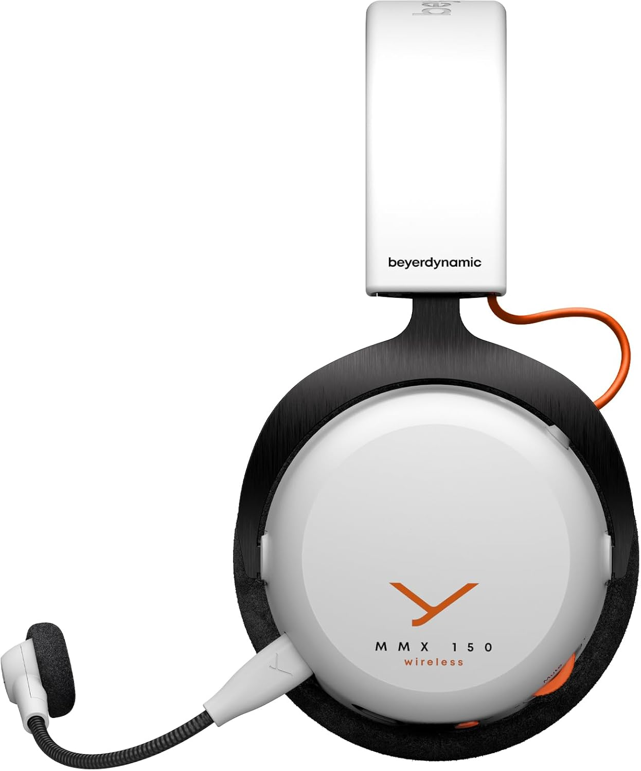 Ein weißer Beyerdynamic MMX 150 Wireless Kopfhörer mit orangefarbenem Kabel und Mikrofon.