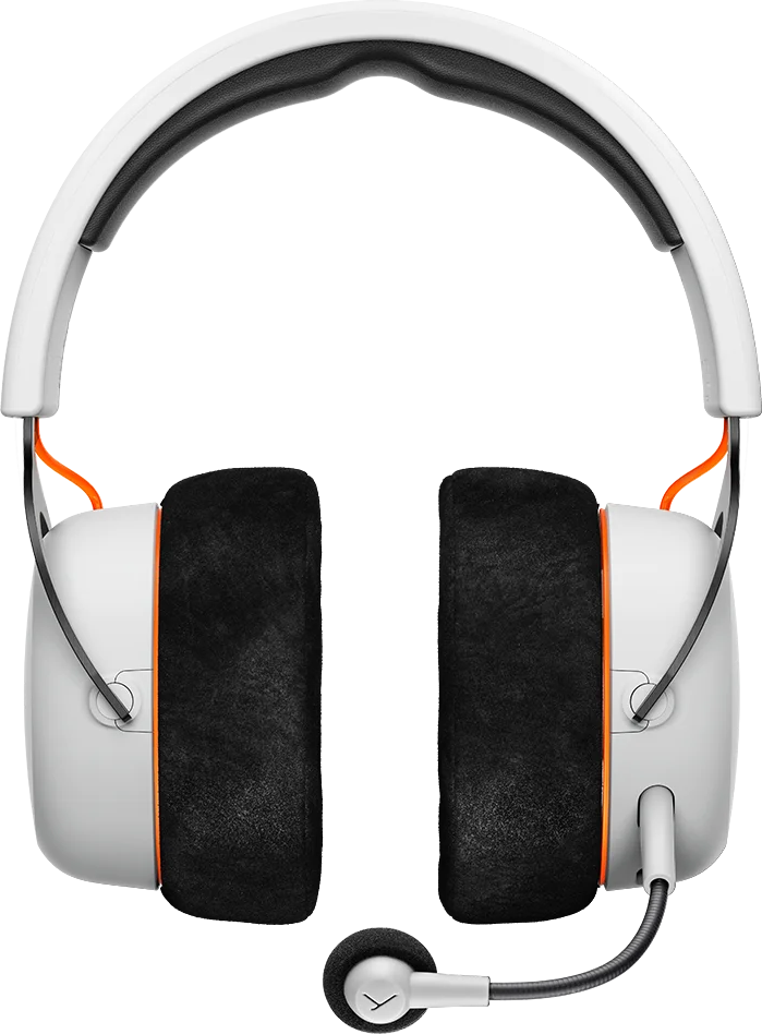Weiße Over-Ear-Kopfhörer mit schwarzen Ohrmuscheln, orangefarbenen Akzenten und Mikrofon.