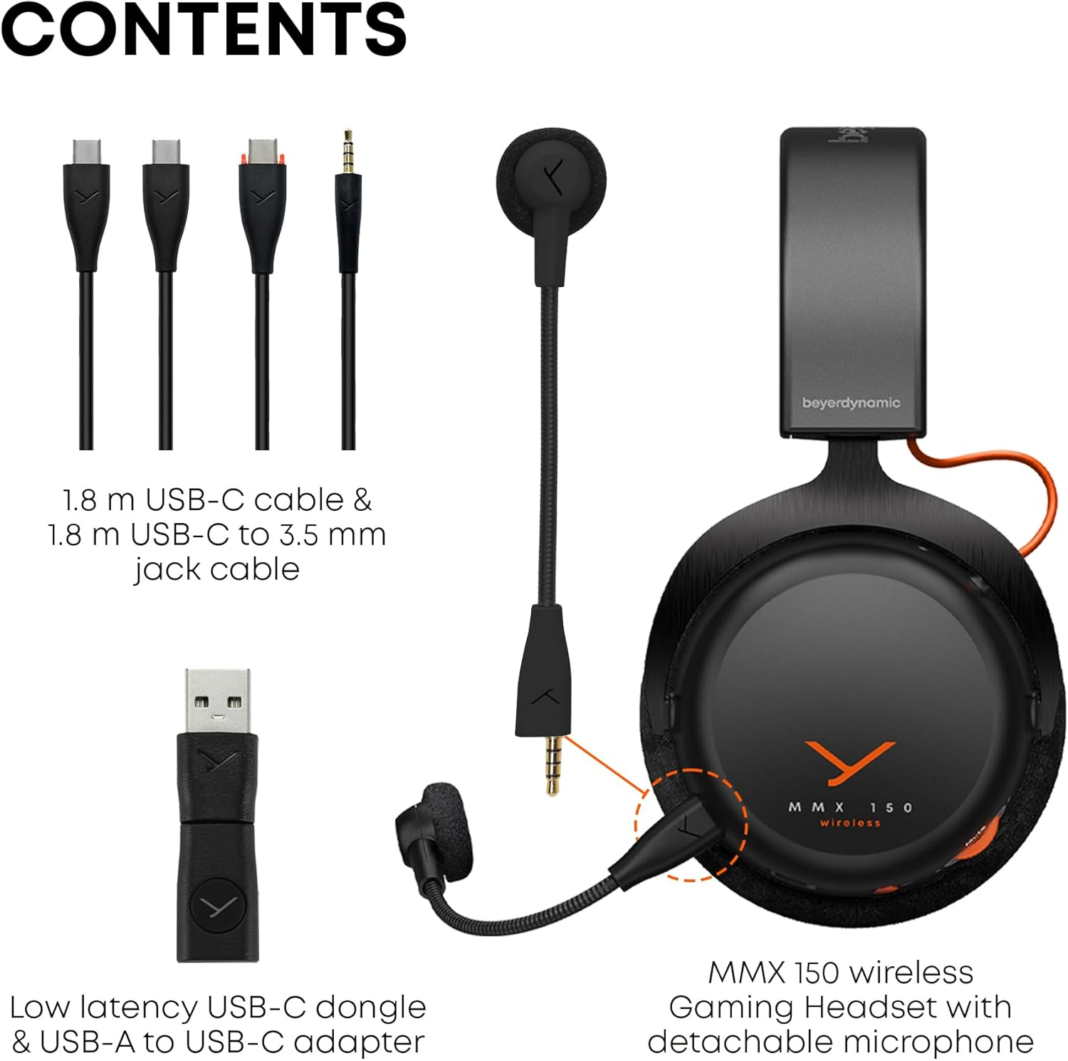 Beyerdynamic MMX 150 Gaming-Headset mit Zubehör und Kabeln.