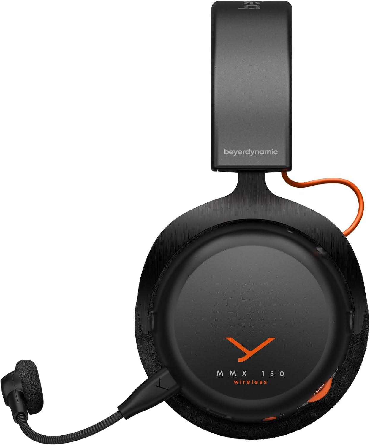 Schwarzer Beyerdynamic MMX 150 Wireless Kopfhörer mit orangefarbenem Logo und Kabel.