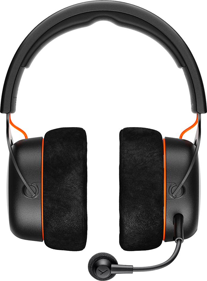 Schwarze Over-Ear-Kopfhörer mit orangefarbenen Akzenten und Mikrofon.
