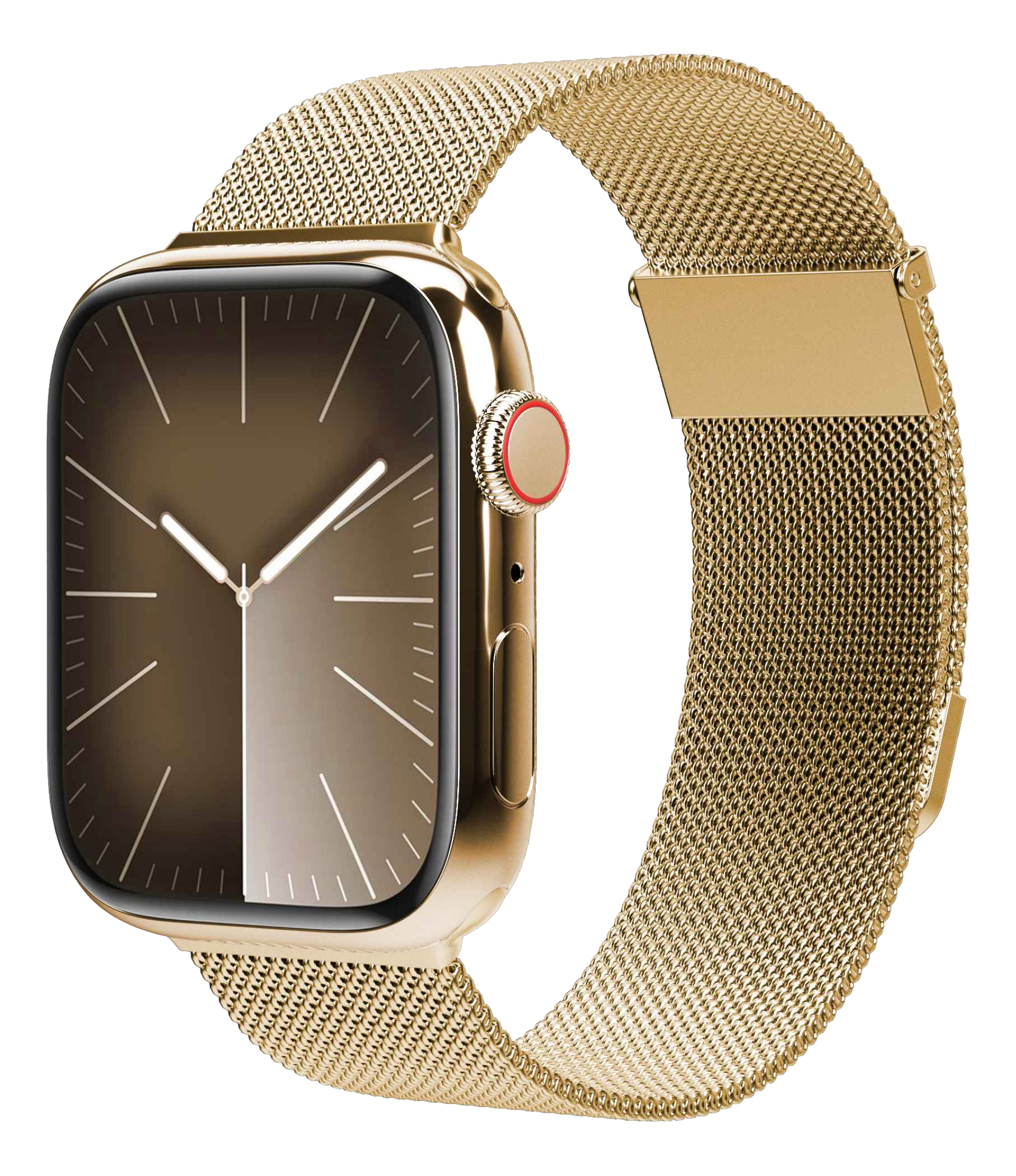 Montre connectée dorée avec bracelet Milanais et cadran marron.