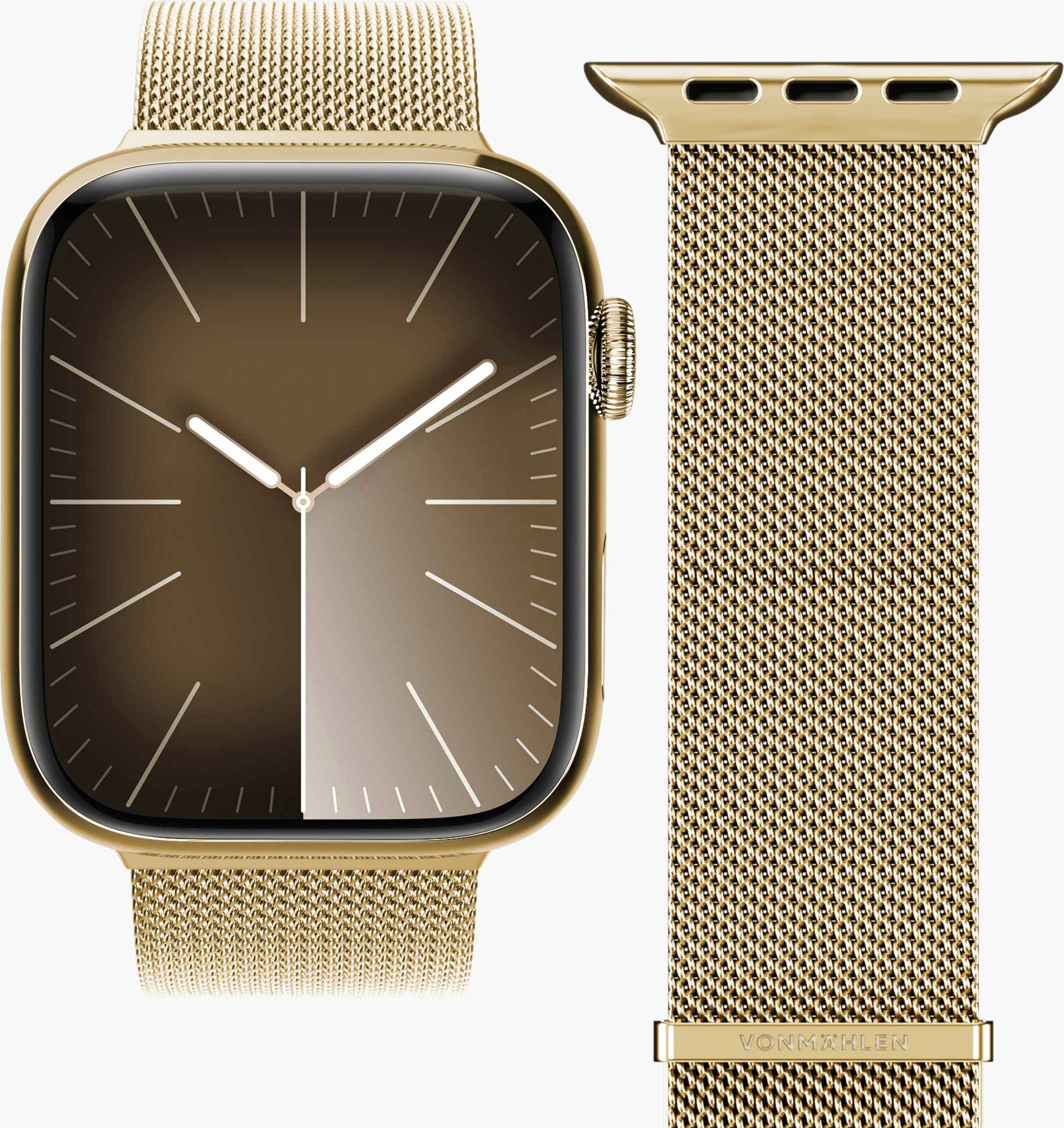Montre connectée dorée avec bracelet en maille et cadran marron avec index blancs.