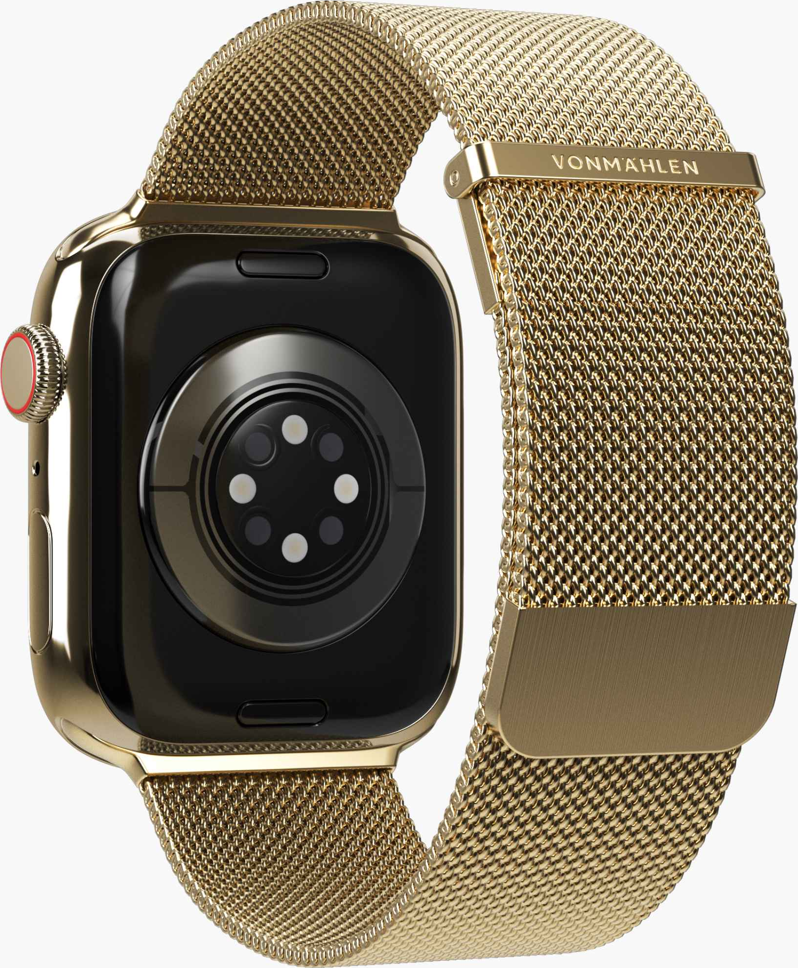 Montre connectée dorée avec bracelet en maille et écran noir, capteurs au dos.