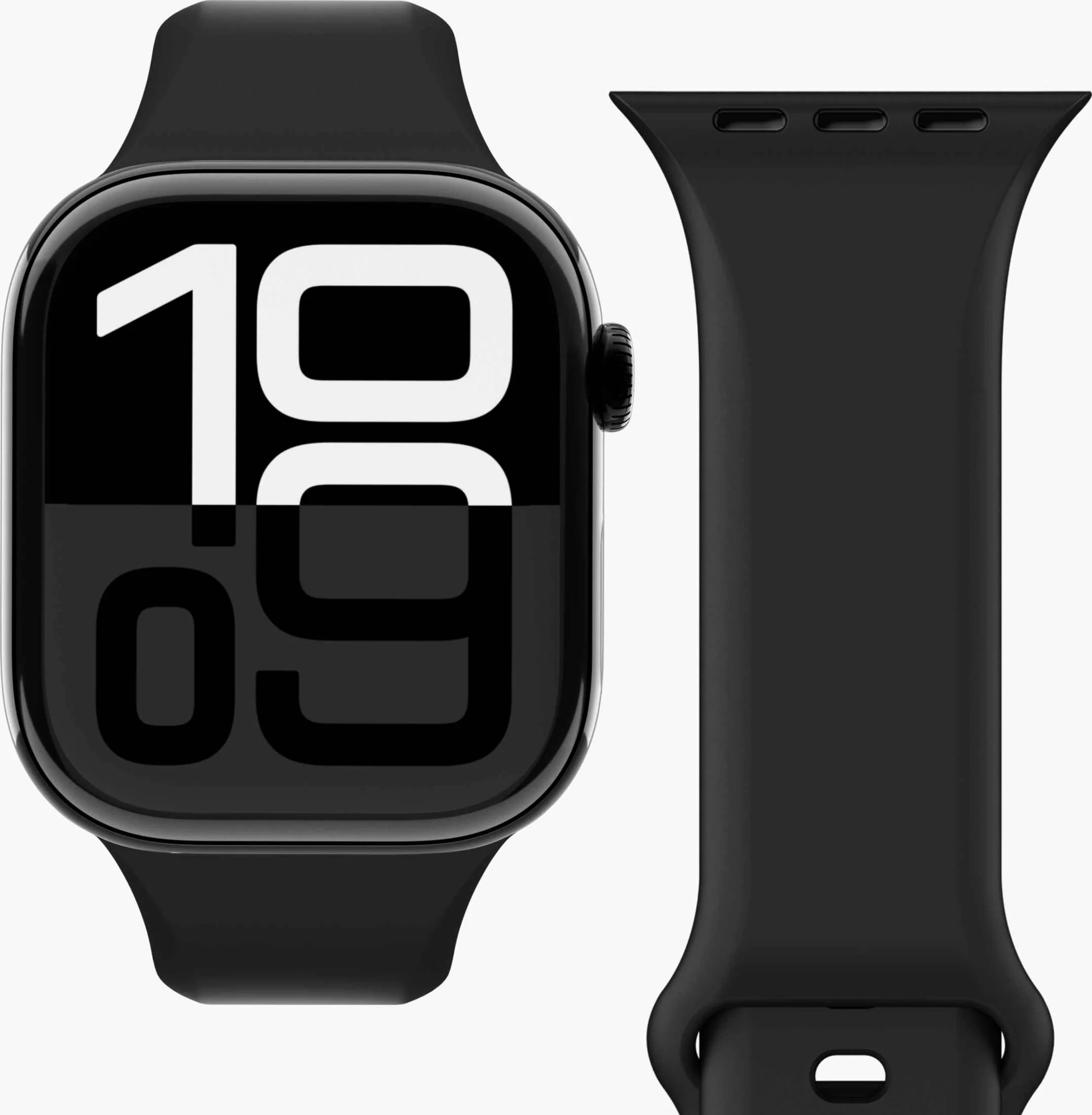 Schwarze Smartwatch mit Digitalanzeige '10 09' und einem separaten schwarzen Uhrenarmband.