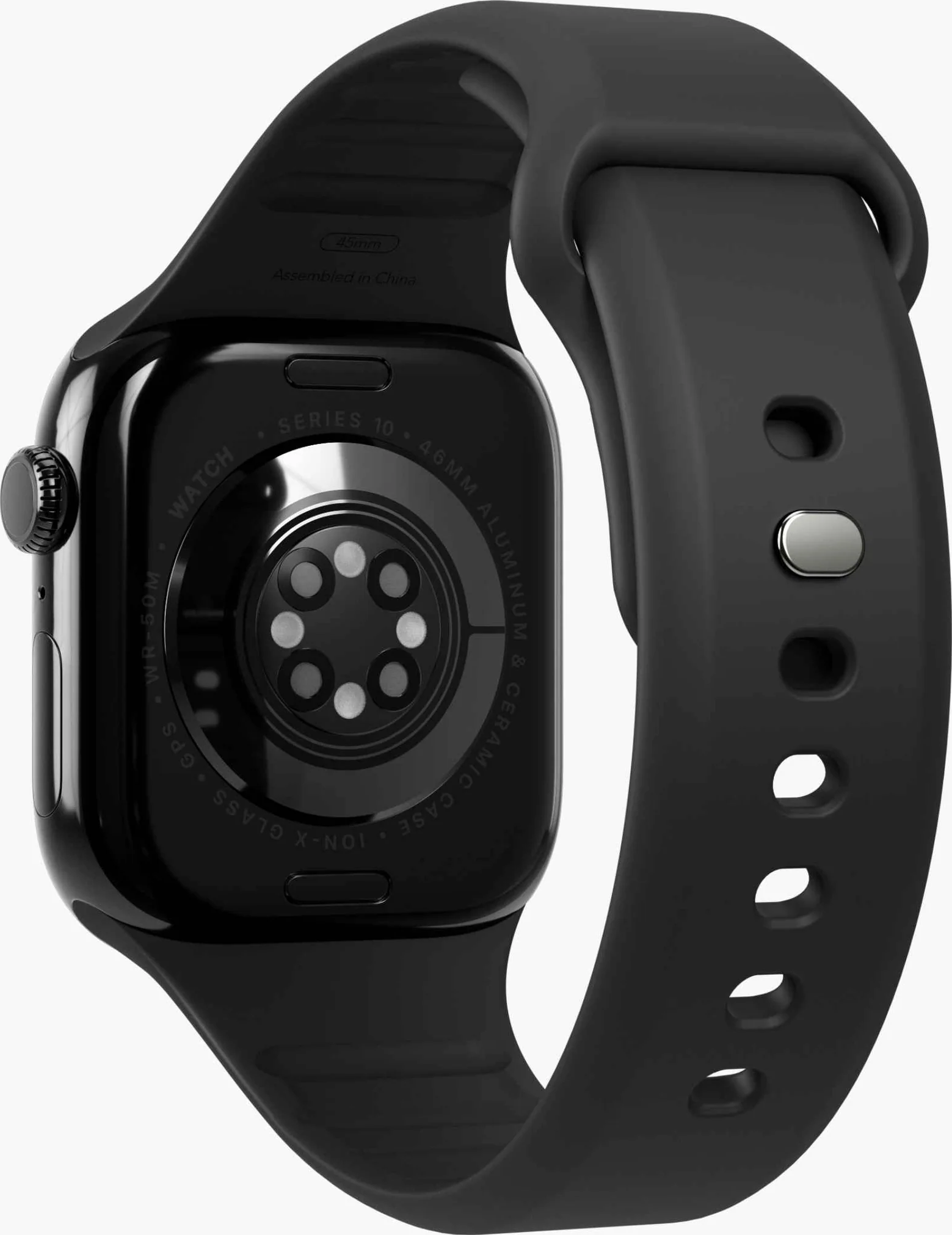Rückseite einer schwarzen Apple Watch Series 10, 45mm, mit Sensoren und Text.