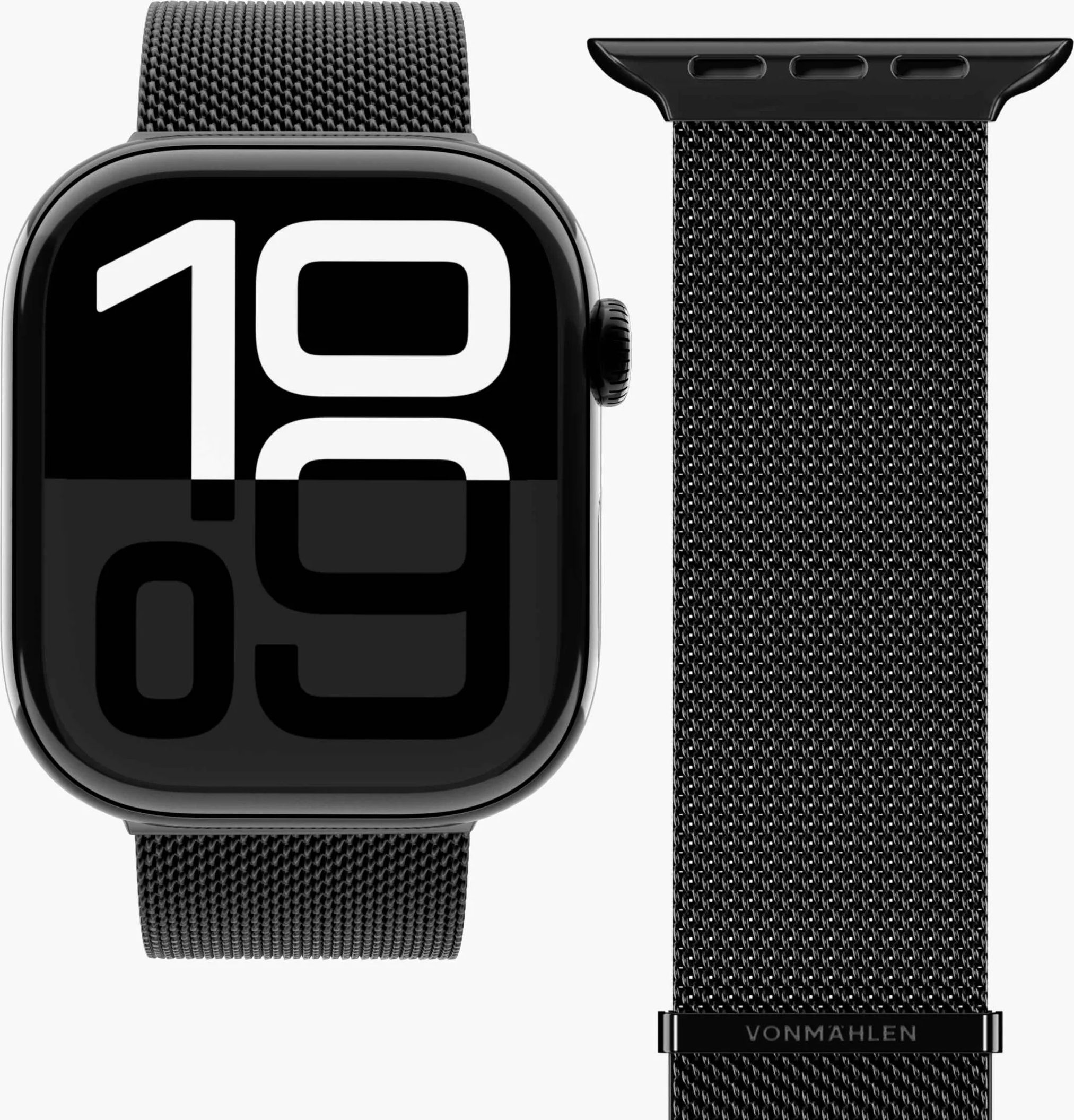 Une montre connectée noire avec bracelet en maille, à côté d'un bracelet en maille séparé.