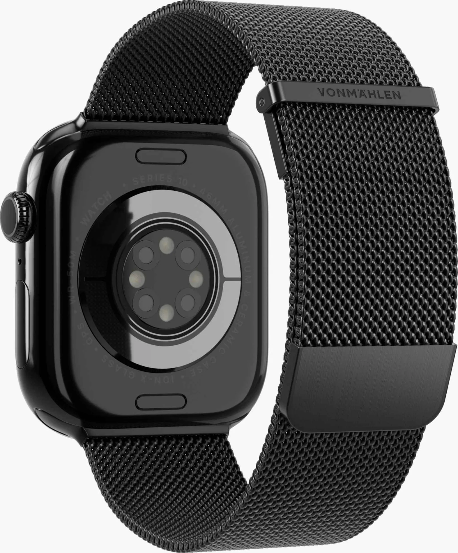 Montre connectée noire avec bracelet en maille, dos montre les capteurs.