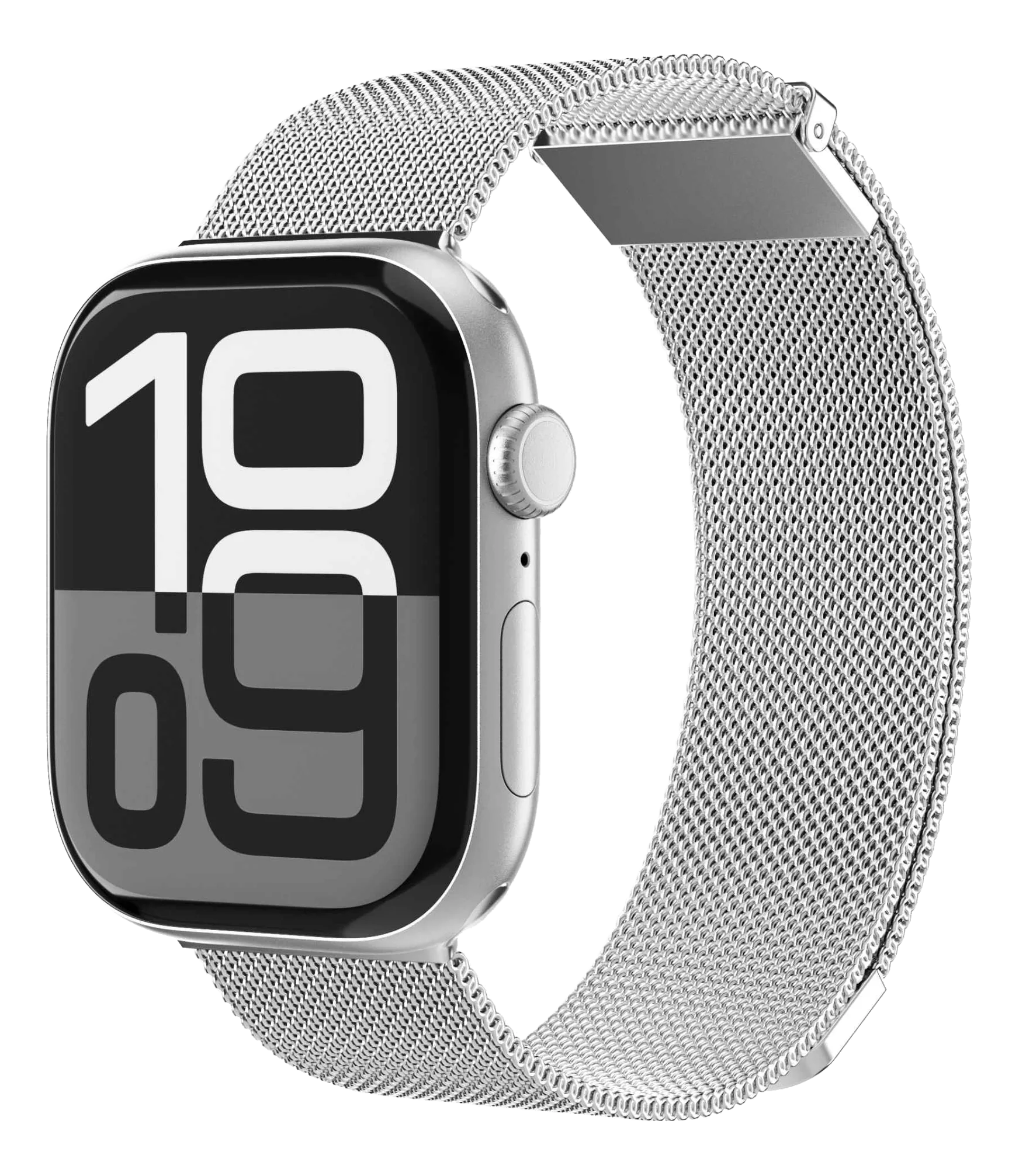 Montre connectée argentée avec bracelet milanais et affichage heure 10:09.