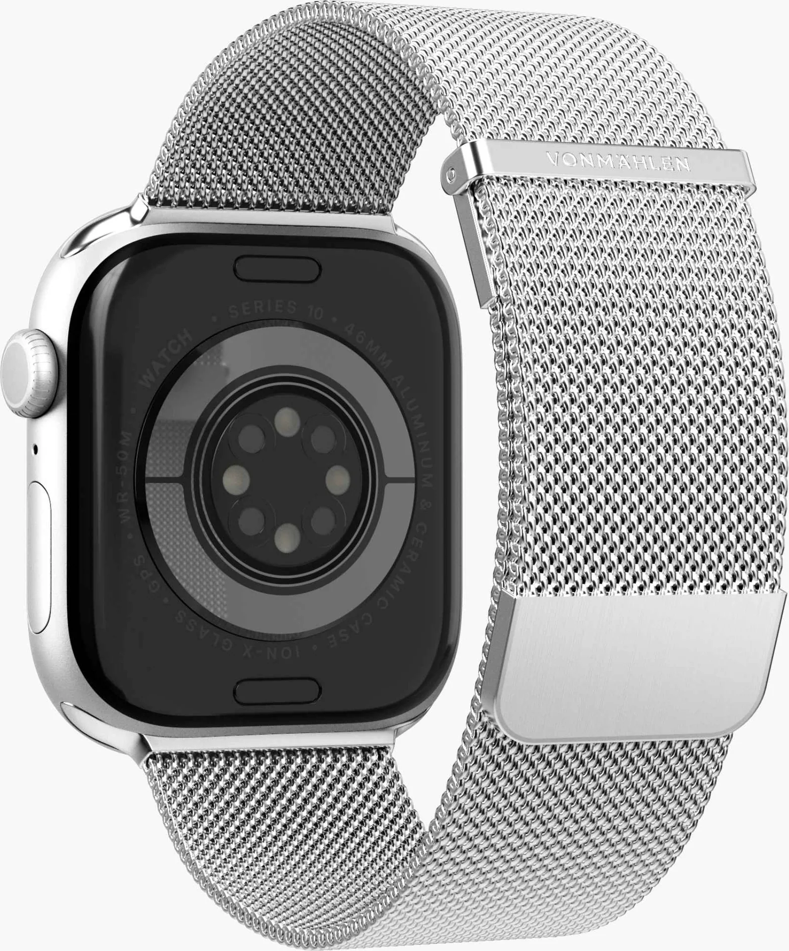 Montre connectée argentée avec bracelet en maille métallique, dos montrant les capteurs.