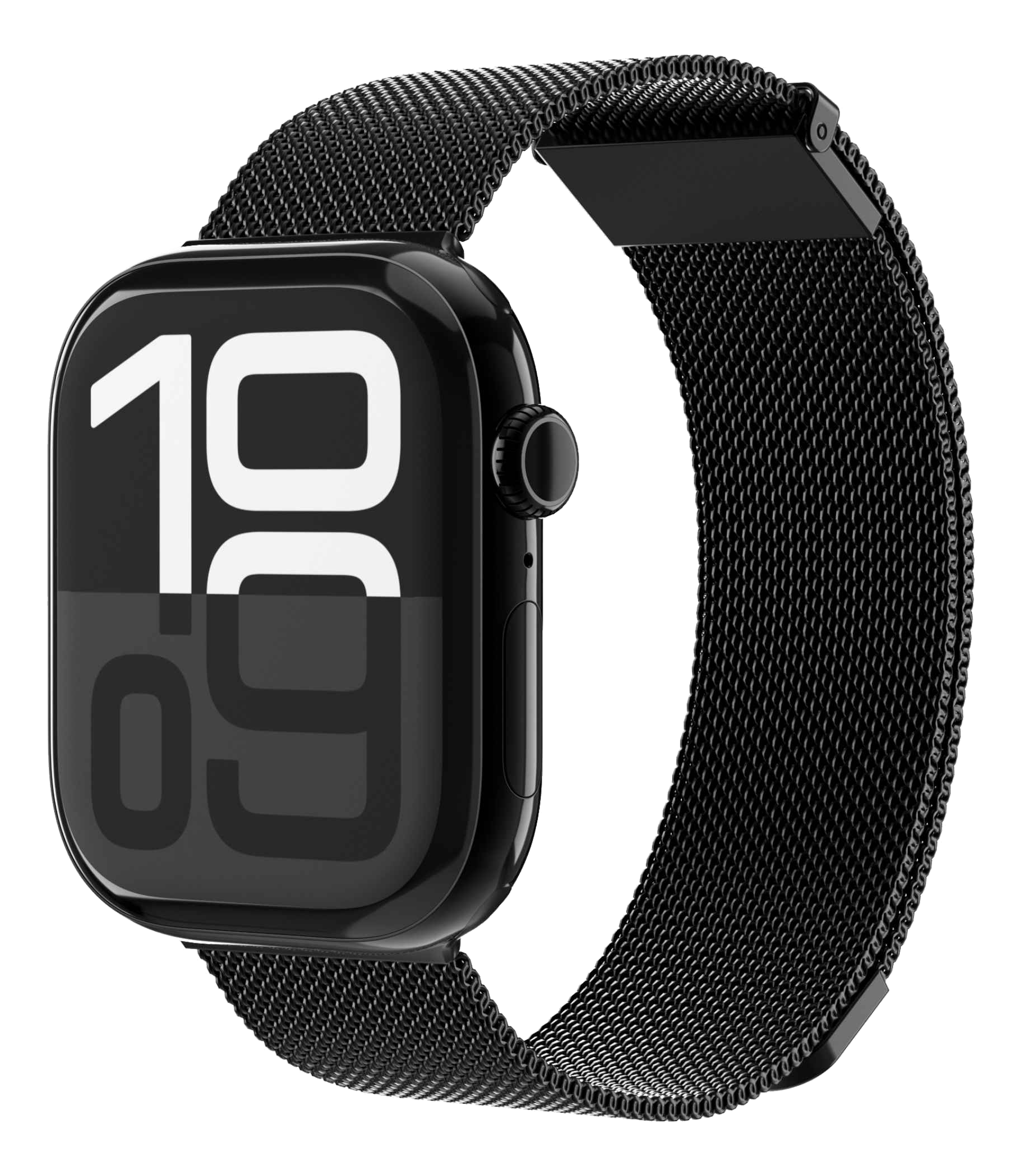 Montre connectée noire avec bracelet milanais et affichage numérique.