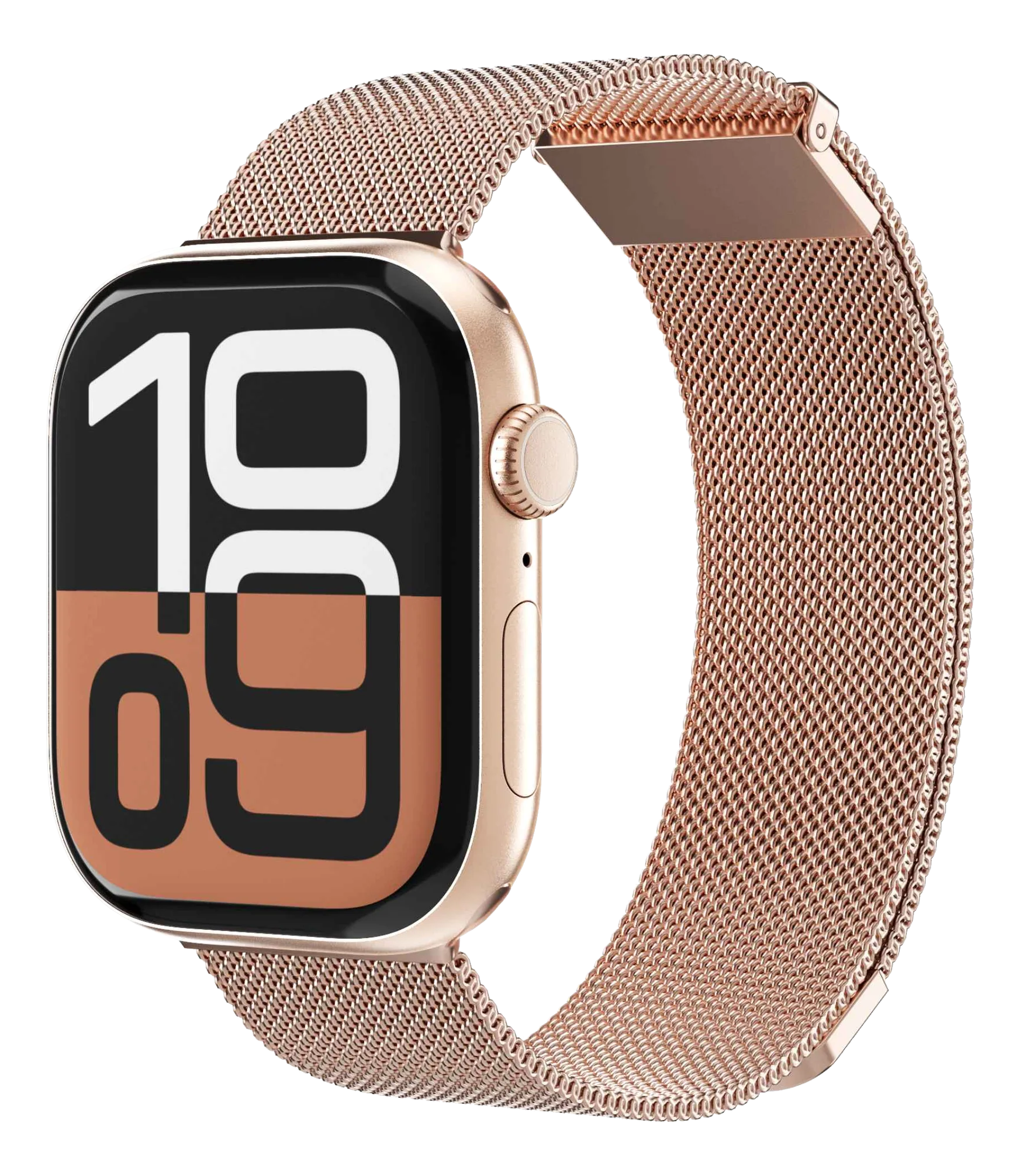 Montre connectée or rose avec bracelet maille affiche 10:09.