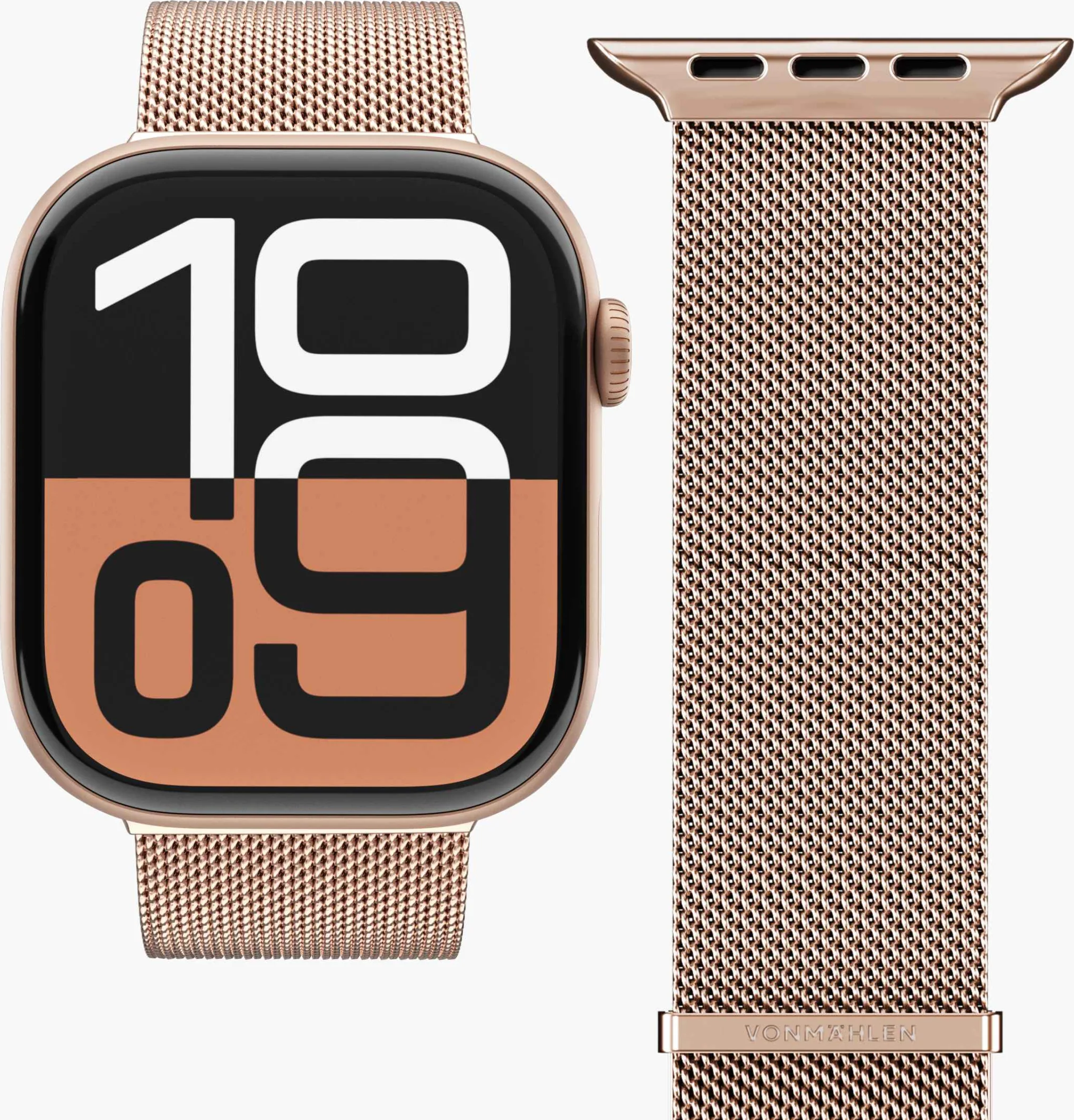 Montre connectée or rose avec bracelet en maille et affichage numérique.