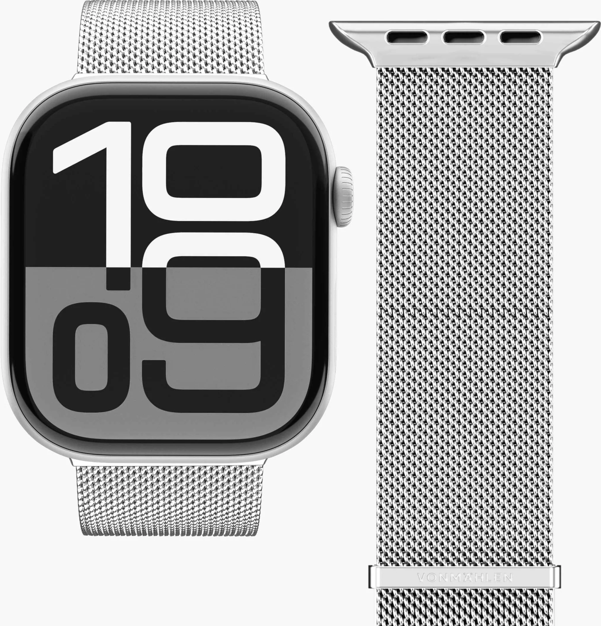 Une montre connectée argentée avec bracelet en maille affichant l'heure.