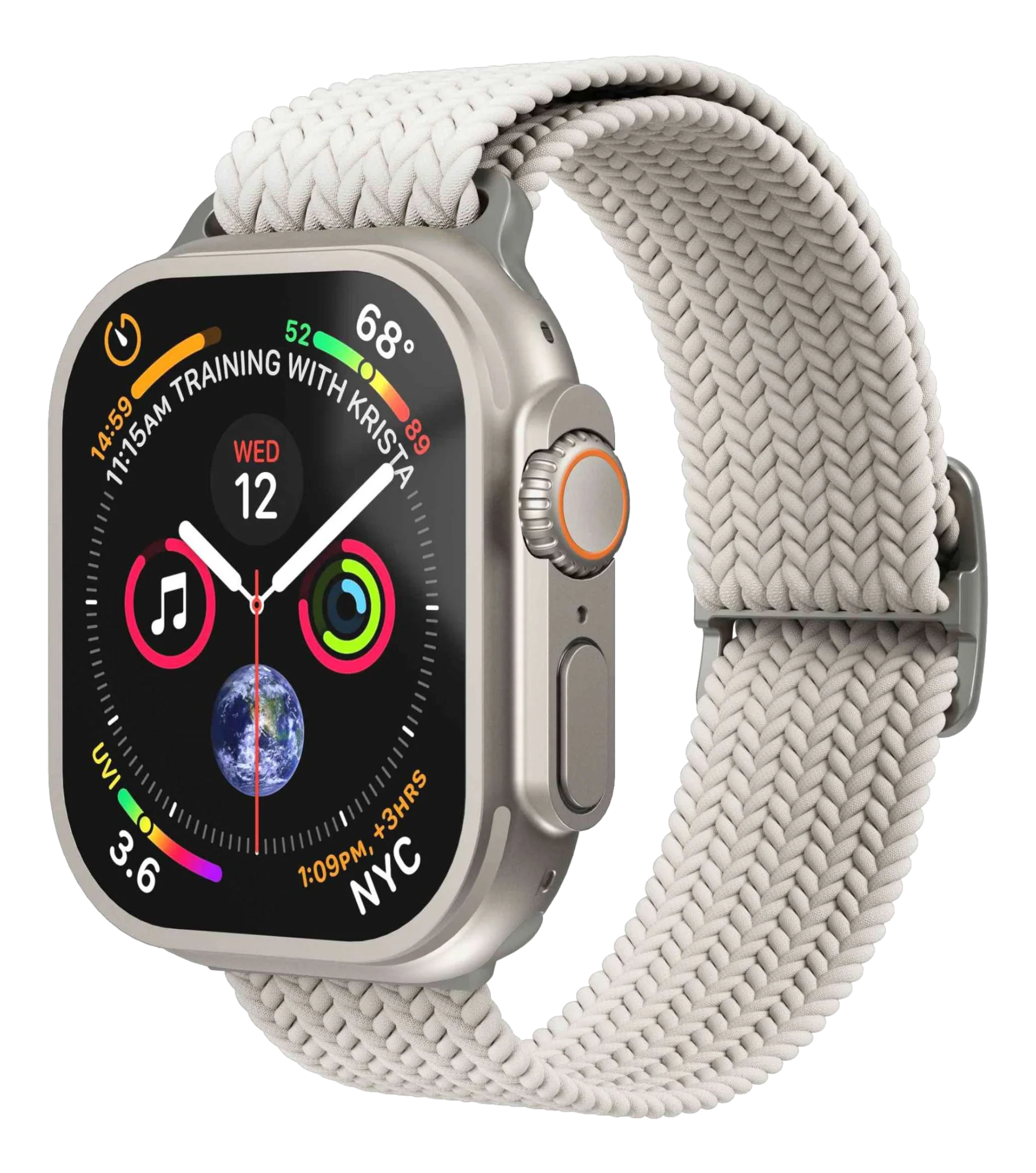 Un Apple Watch Ultra argentato con cinturino intrecciato bianco mostra dati di allenamento e la Terra.