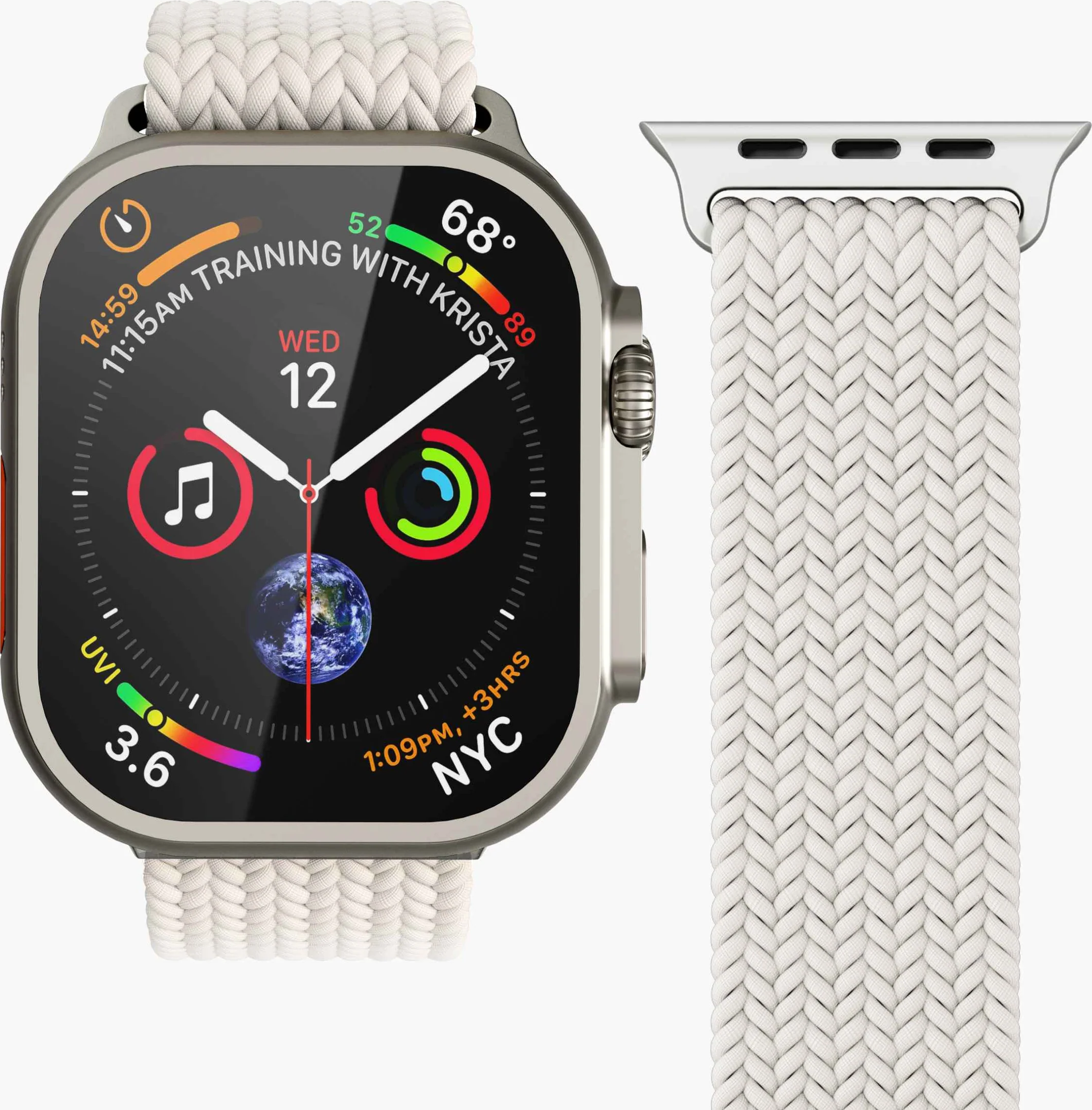 Uno smartwatch con cinturino bianco intrecciato mostra ora, data, meteo e anelli di attività.