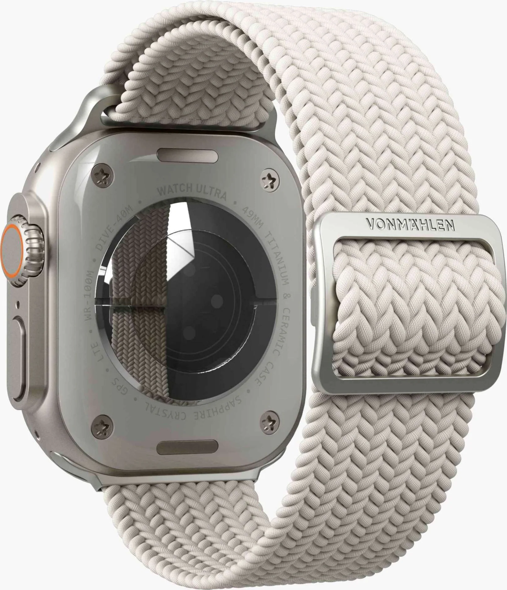 Smartwatch grigio intrecciato con cassa argentata e corona arancione.