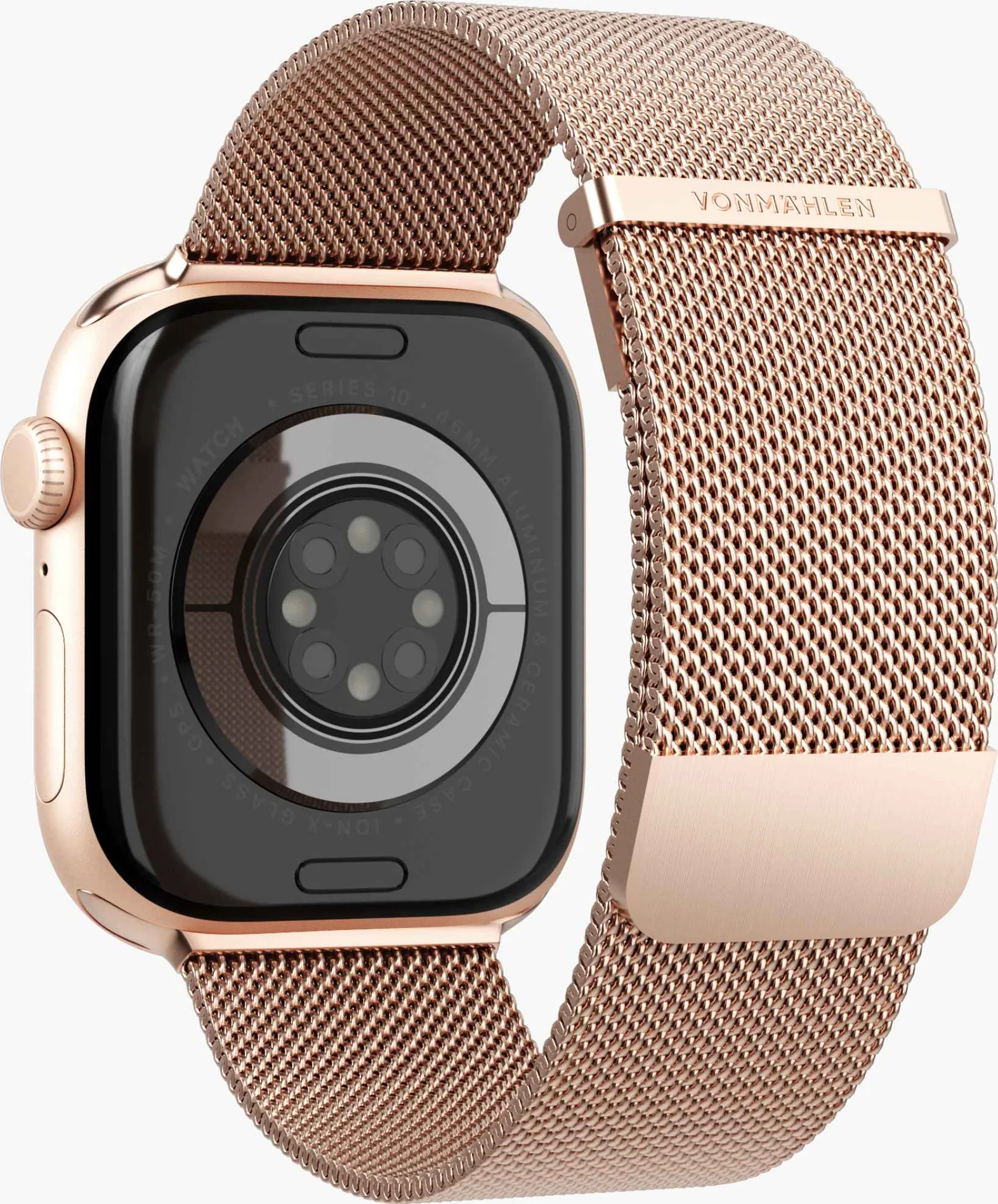 Montre connectée or rose avec bracelet maille, montrant fond et capteurs.