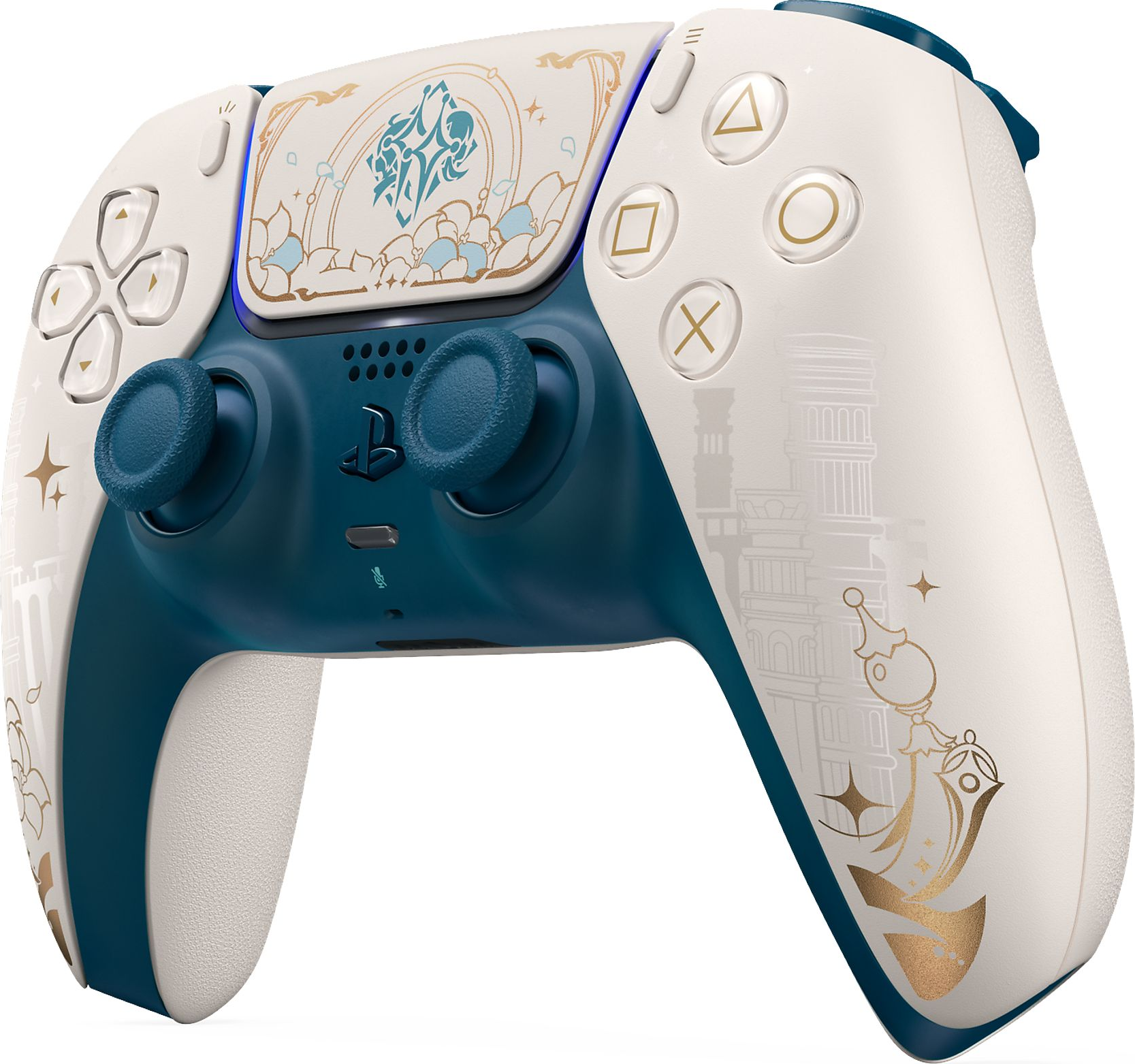 Weißer und türkisfarbener Controller mit goldenen und blauen Verzierungen, Gebäuden und Sternen.