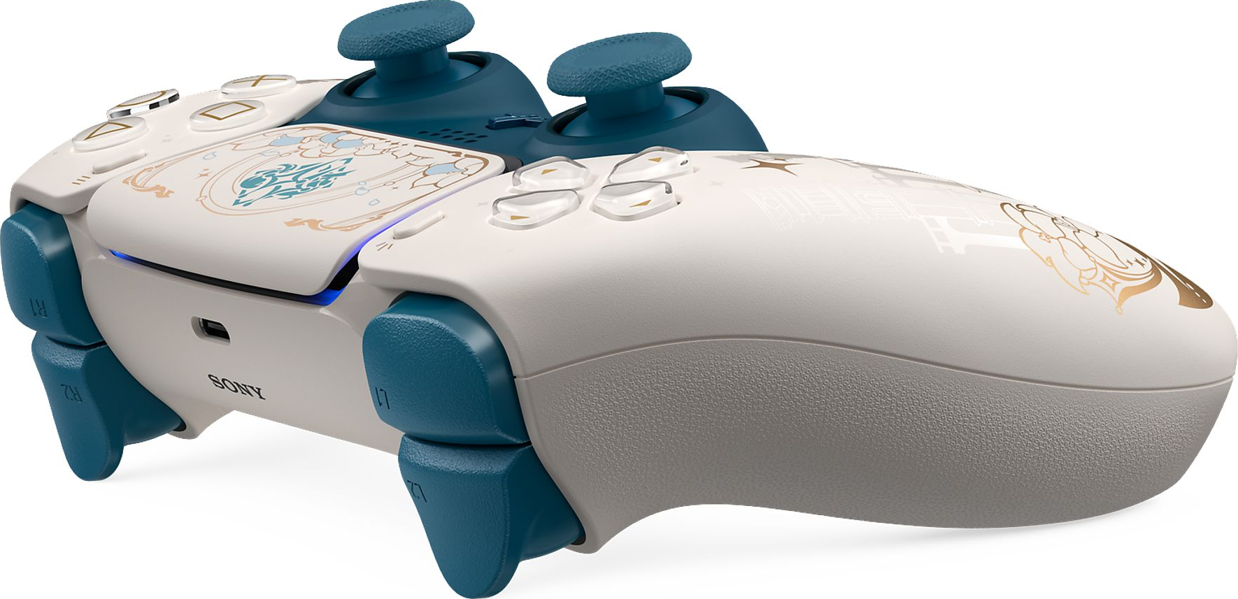 Ein weißer und blauer Sony-Controller mit goldenen Akzenten und Symbolen.