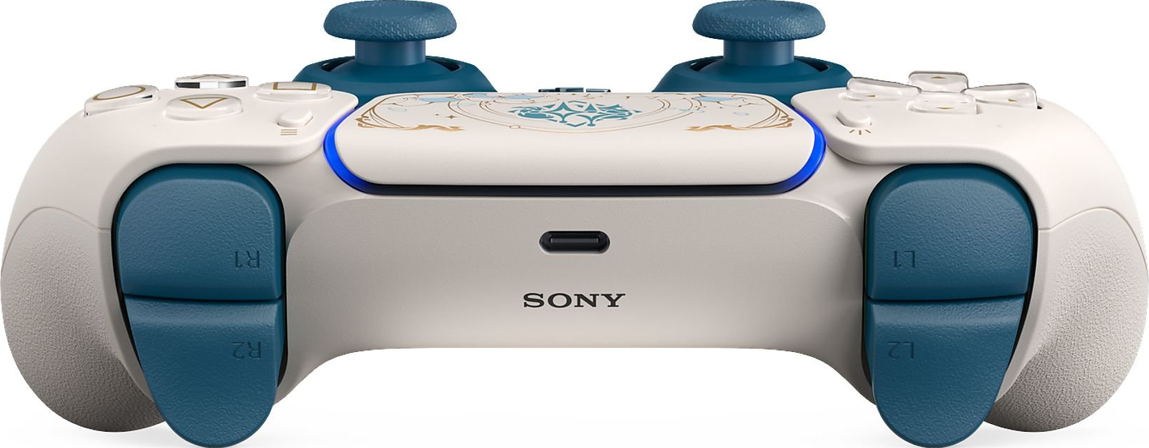 Eine weiße und blaue Sony PlayStation-Controller mit goldenen Akzenten und blauer Lichtleiste.