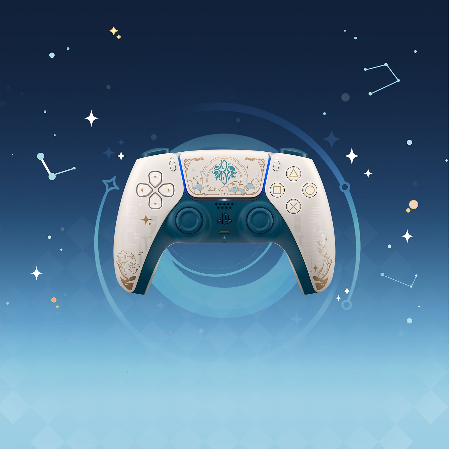 Ein weißer und blauer Controller mit Sternen und Konstellationen auf dunklem Hintergrund.