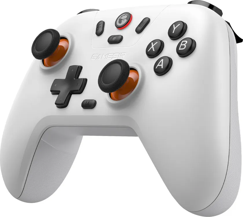 Une manette de jeu blanche avec des boutons noirs et des accents orange.