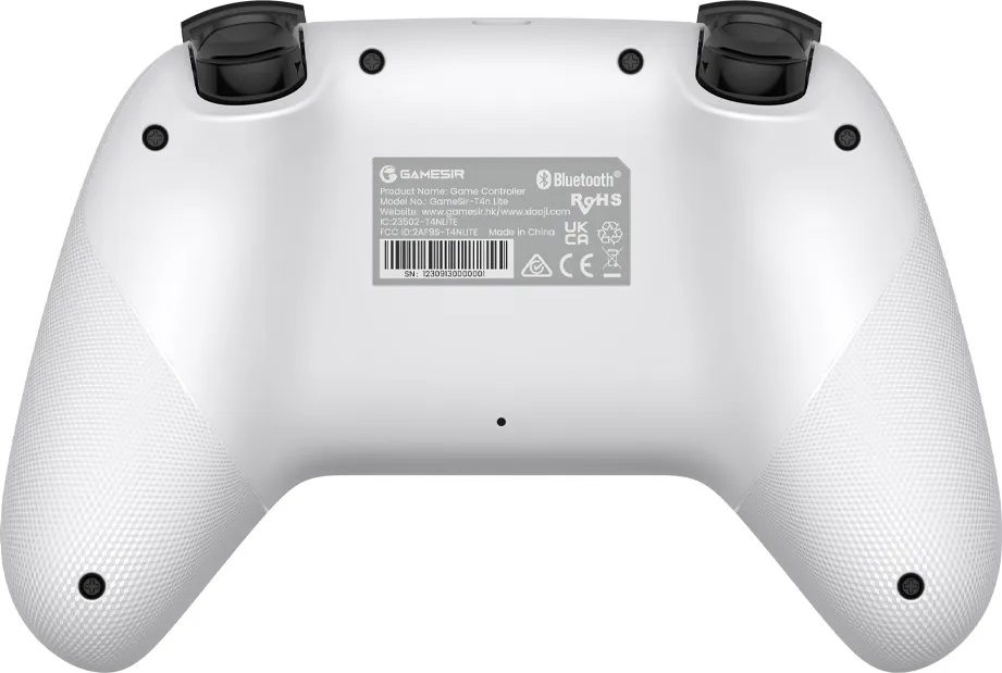Vue arrière d'une manette GameSir blanche avec texte et logos.