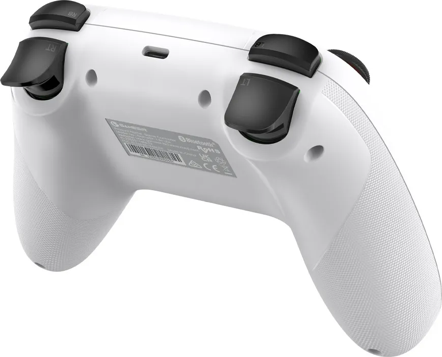 Manette de jeu blanche avec boutons noirs et poignées texturées. Gros plan.