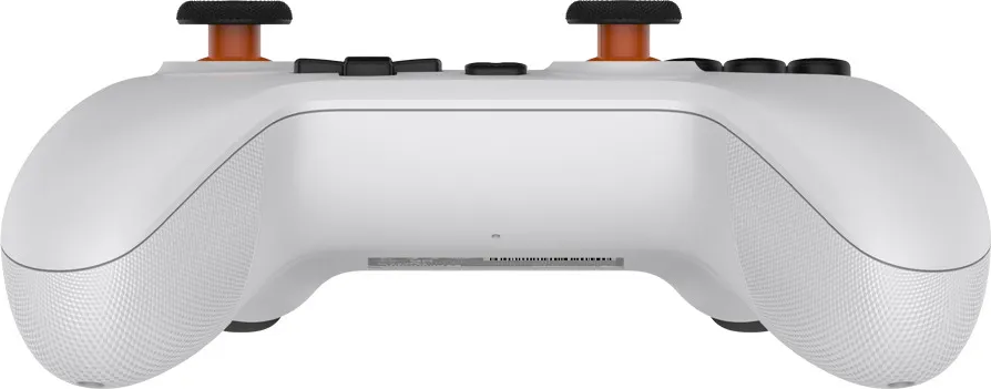 Une manette de jeu blanche avec des accents noirs et orange sur fond blanc.