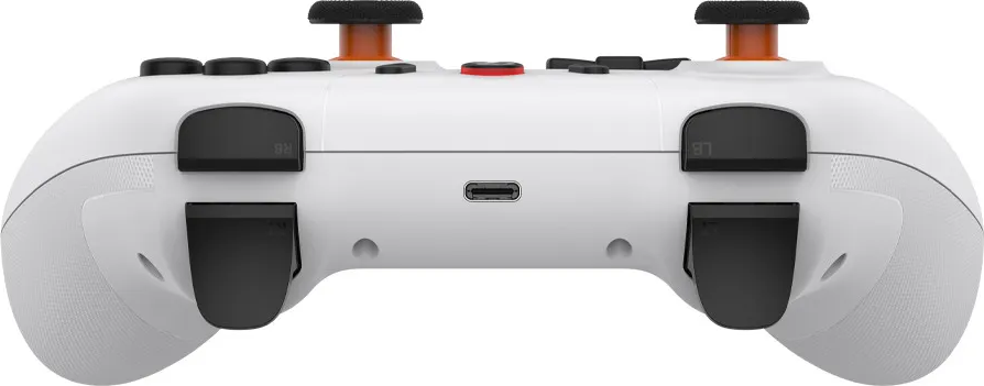 Manette de jeu blanche avec accents noirs et oranges, dotée d'un port USB-C.
