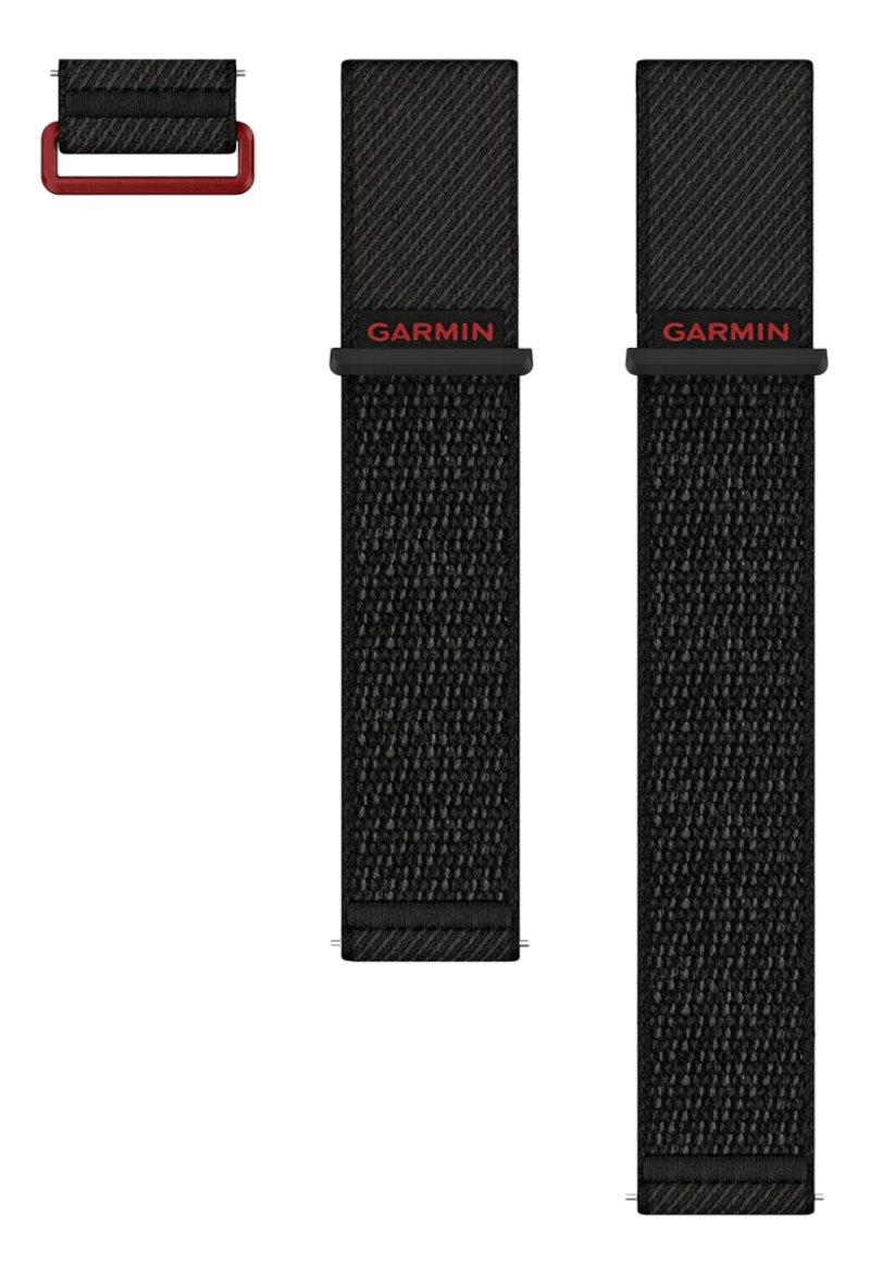 Zwei schwarze Garmin-Uhrenarmbänder und ein Bandverbinder mit rotem Akzent auf schwarzem Hintergrund.