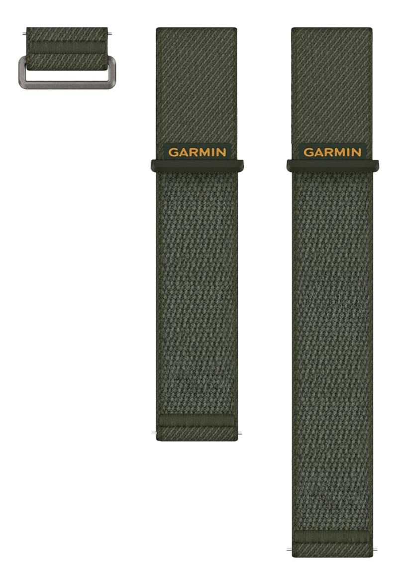 Zwei dunkelgrüne Garmin-Armbänder mit silbernem Metallring und einem einzelnen Armbandteil.