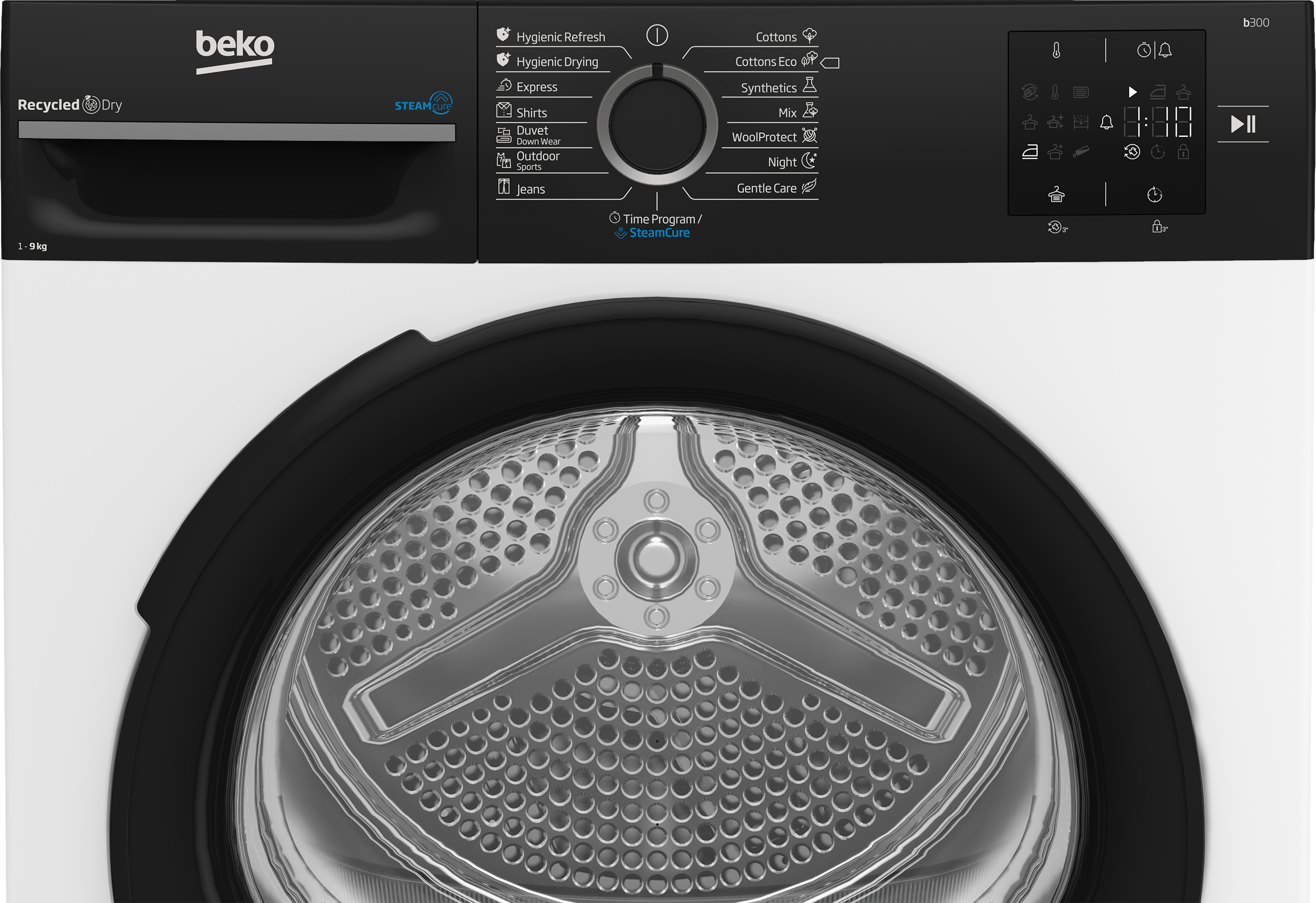 Beko szárítógép digitális kezelőpanellel és kerek dobbal. Pamut, műszál, gyapjú programok.