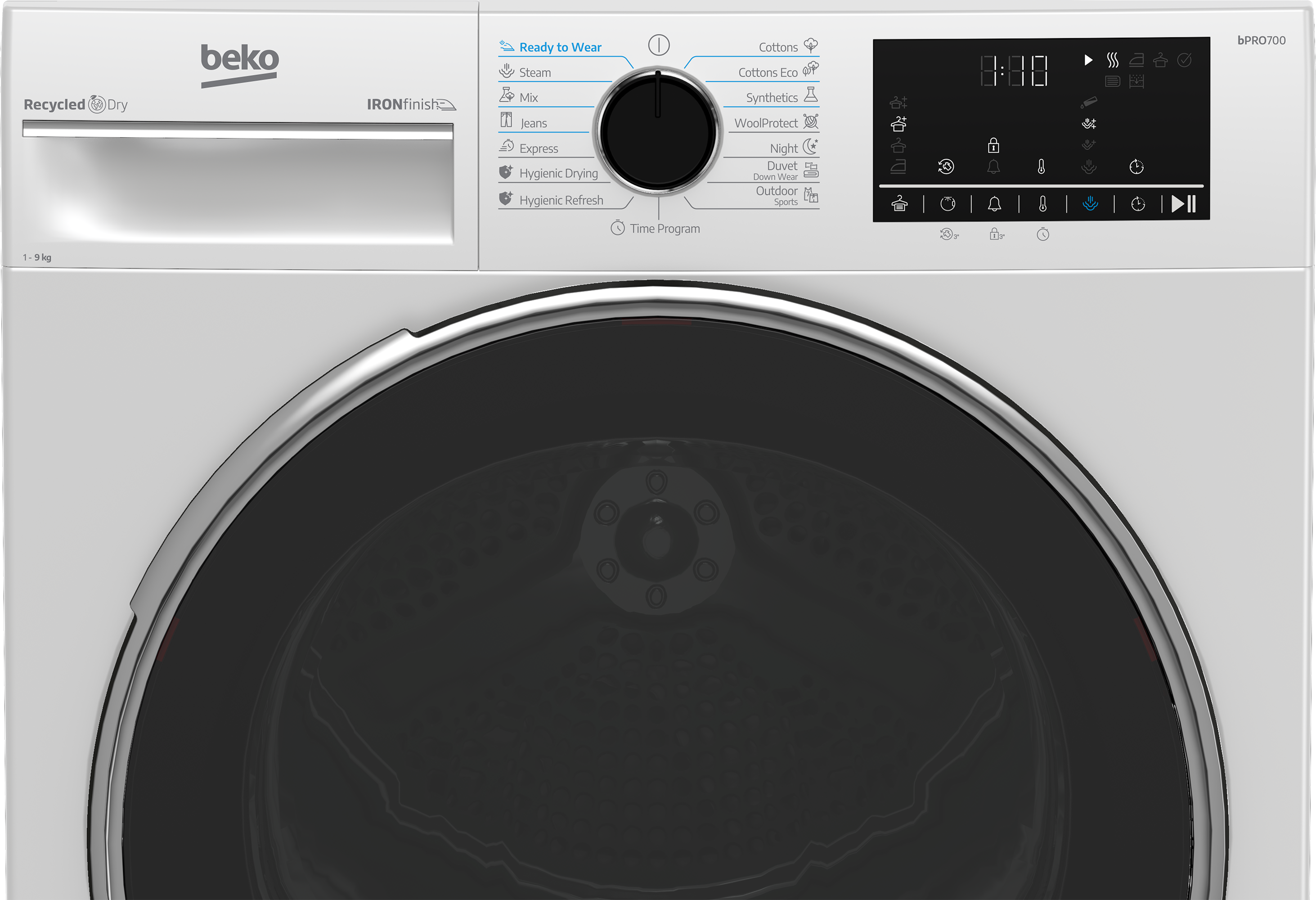 Fehér Beko mosógép digitális kijelzővel és programválasztó tárcsával.