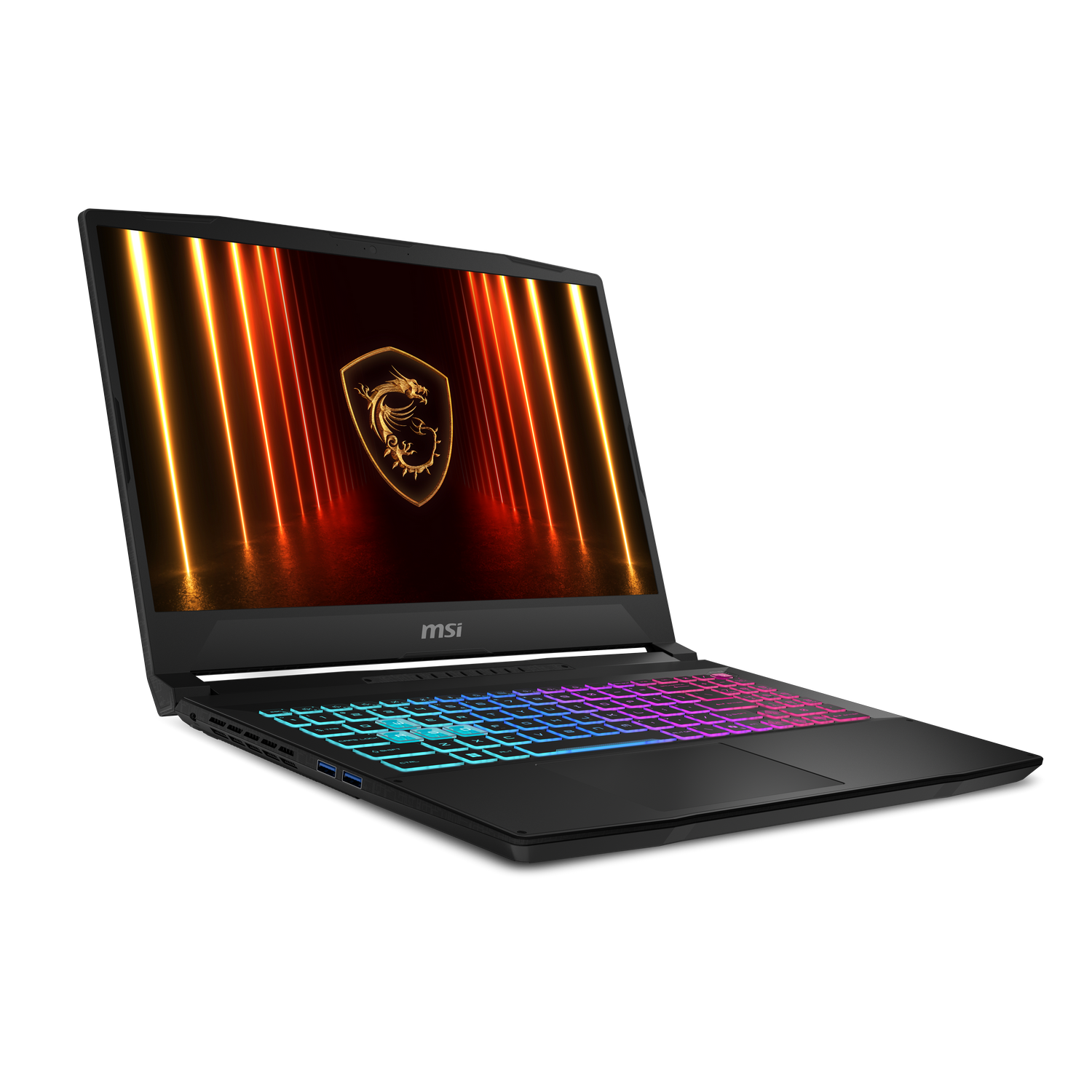 Portátil MSI negro con teclado RGB y logo de dragón en pantalla.