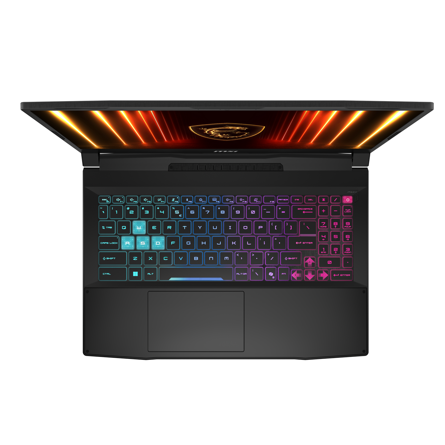 Vista superior de un portátil gaming MSI abierto con teclado RGB colorido y pantalla iluminada.