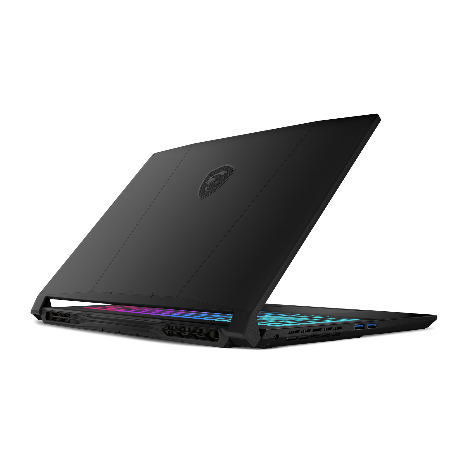 Portátil MSI negro con teclado iluminado y puertos visibles en el lateral.