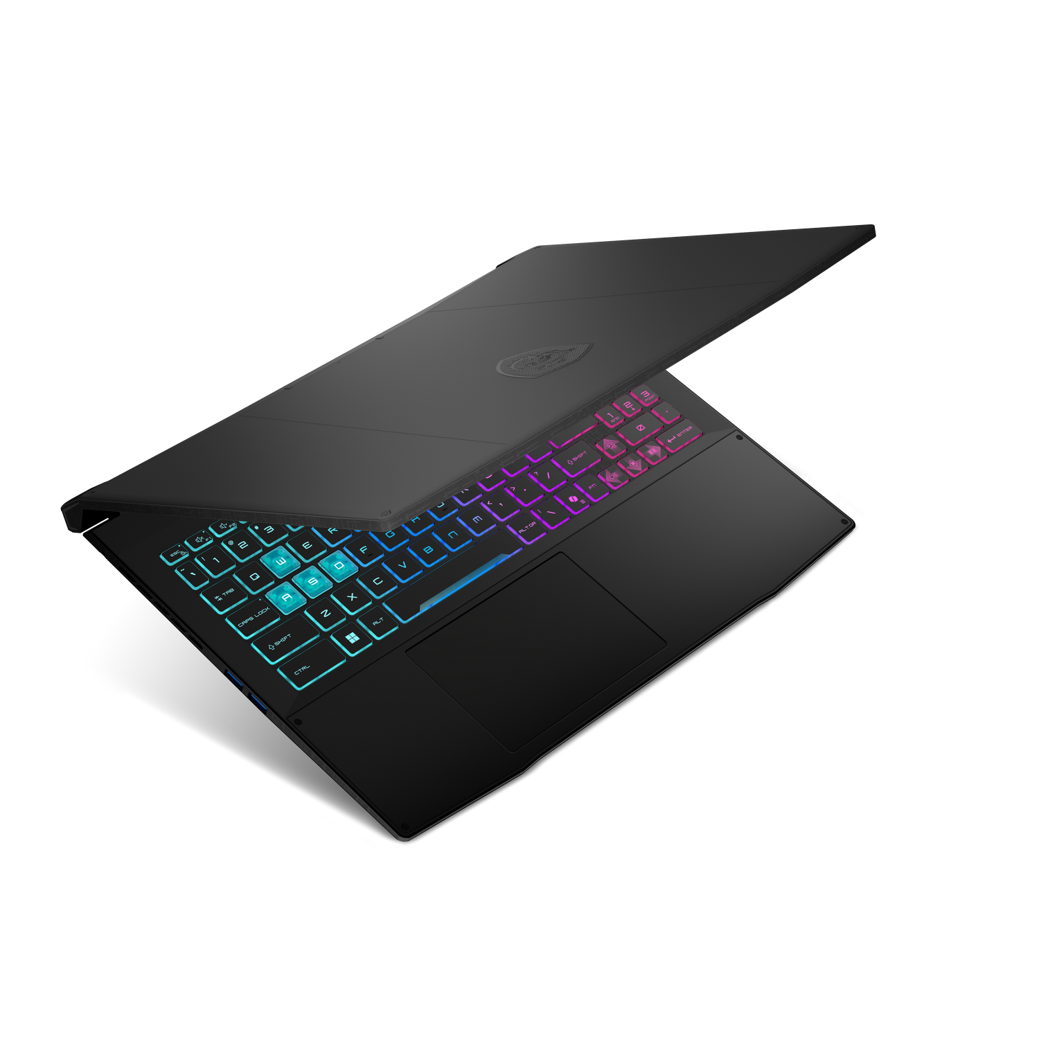Un portátil negro con teclas retroiluminadas de colores está abierto, mostrando el teclado y el panel táctil.