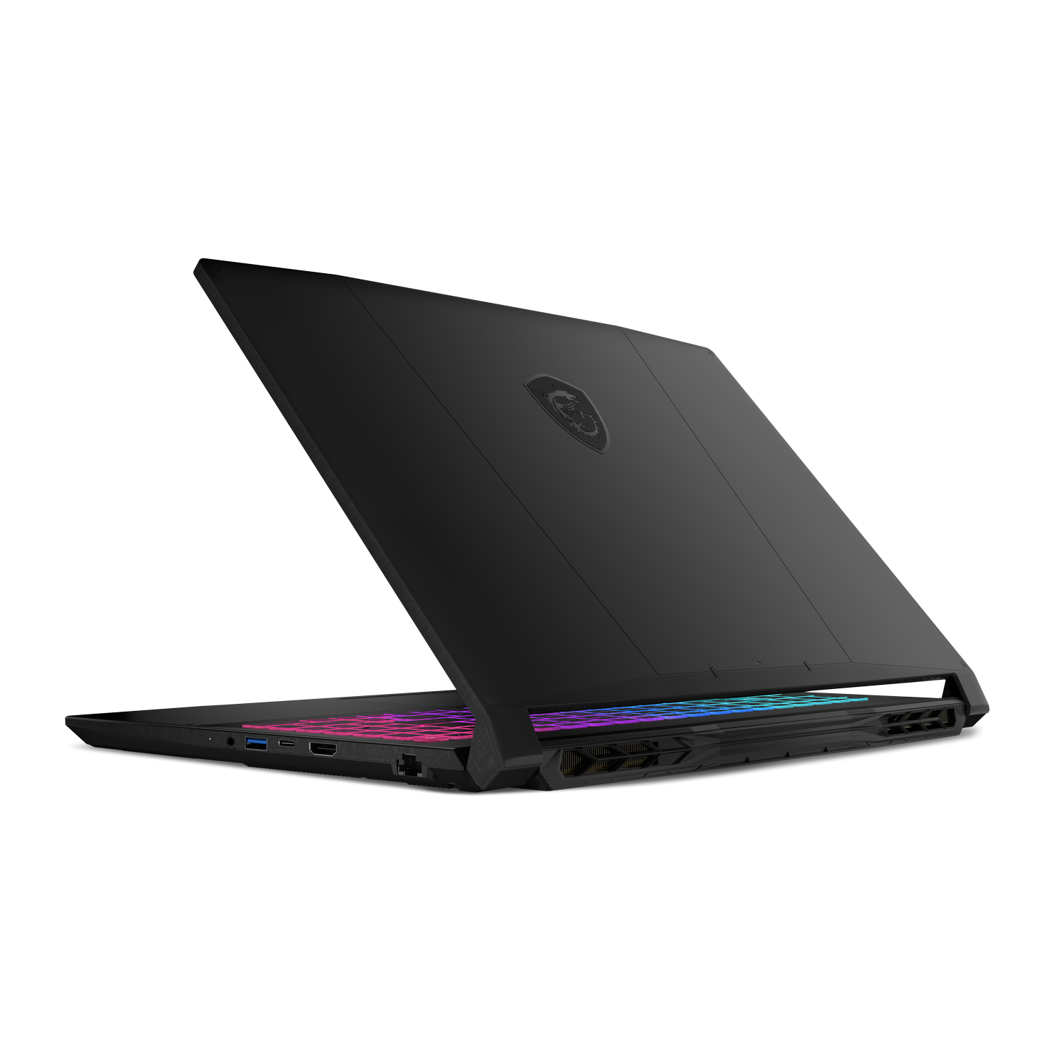 Portátil MSI negro con teclado RGB, tapa abierta, fondo gris.