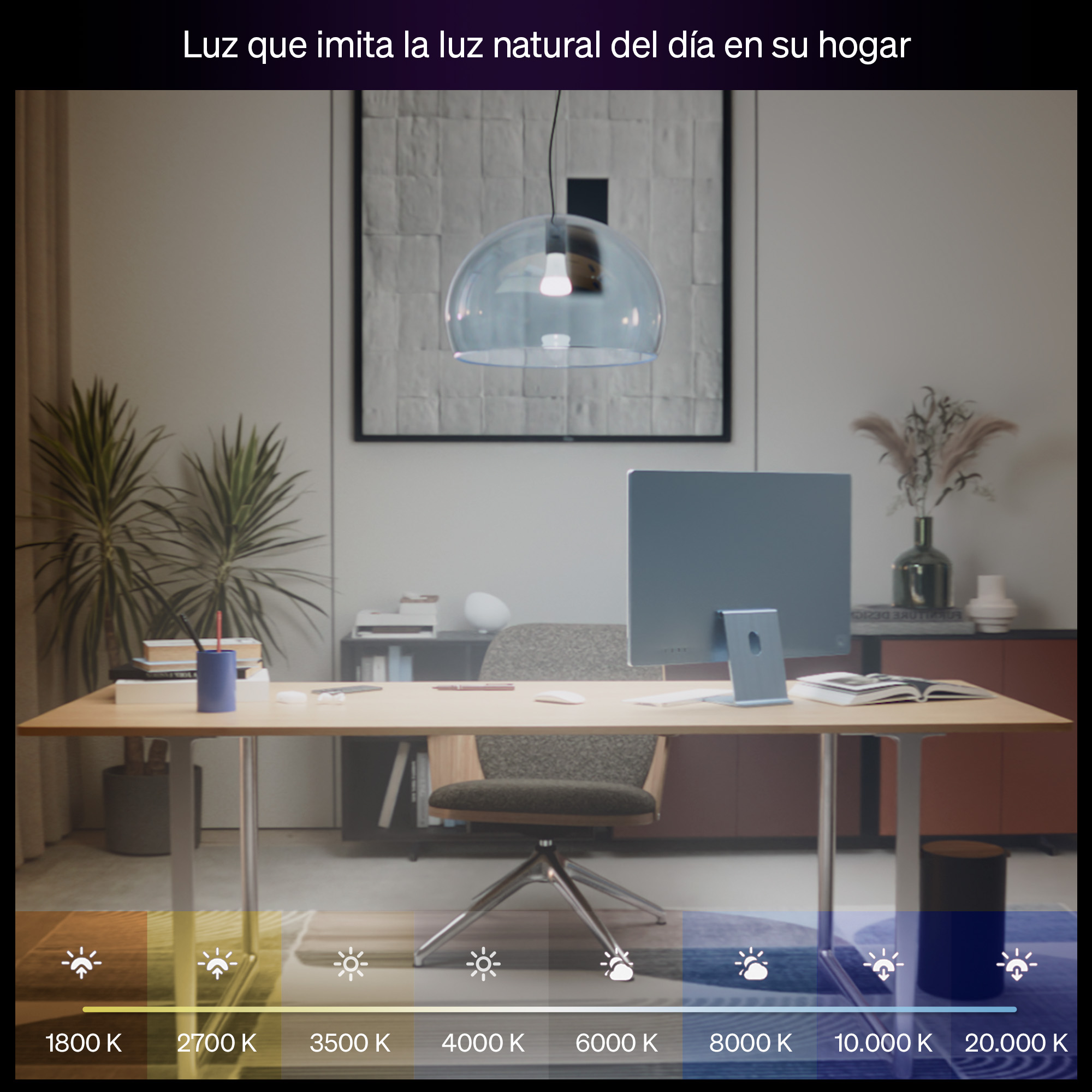 Oficina con escritorio, computadora, lámpara colgante y plantas. Escala de temperatura abajo.