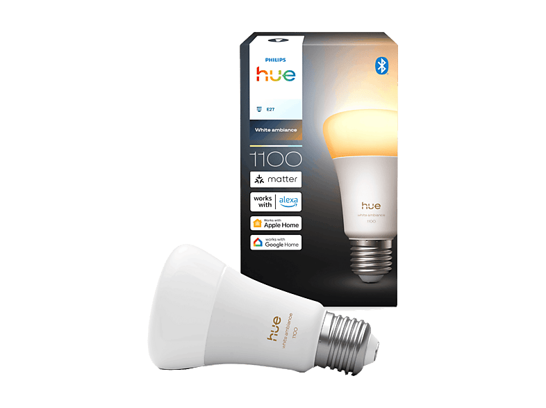 Bombilla inteligente - Philips White Ambiance 1100, E27, 8W, Bluetooth, Compatible con matter, Alexa, Apple Home y Google Home, Blanco