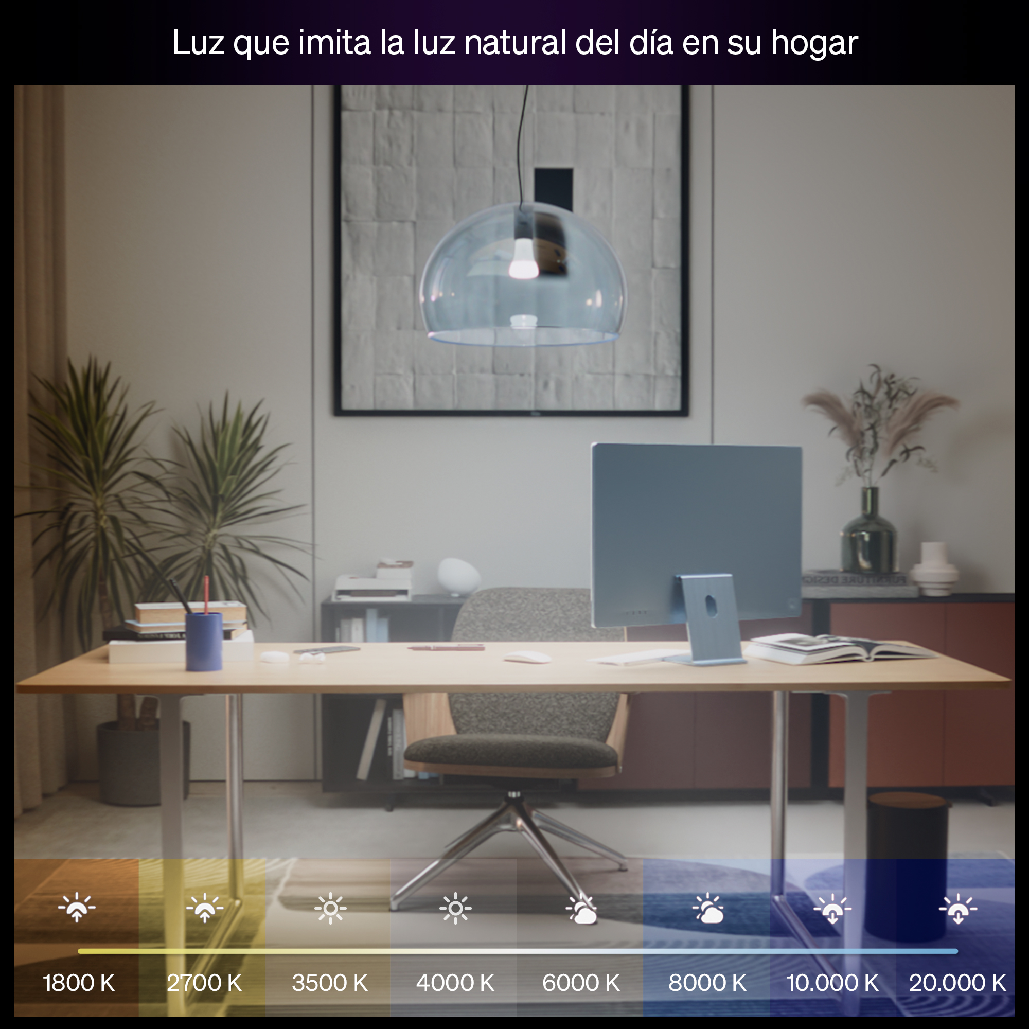 Oficina con escritorio, ordenador, lámpara y plantas. Escala de temperatura.