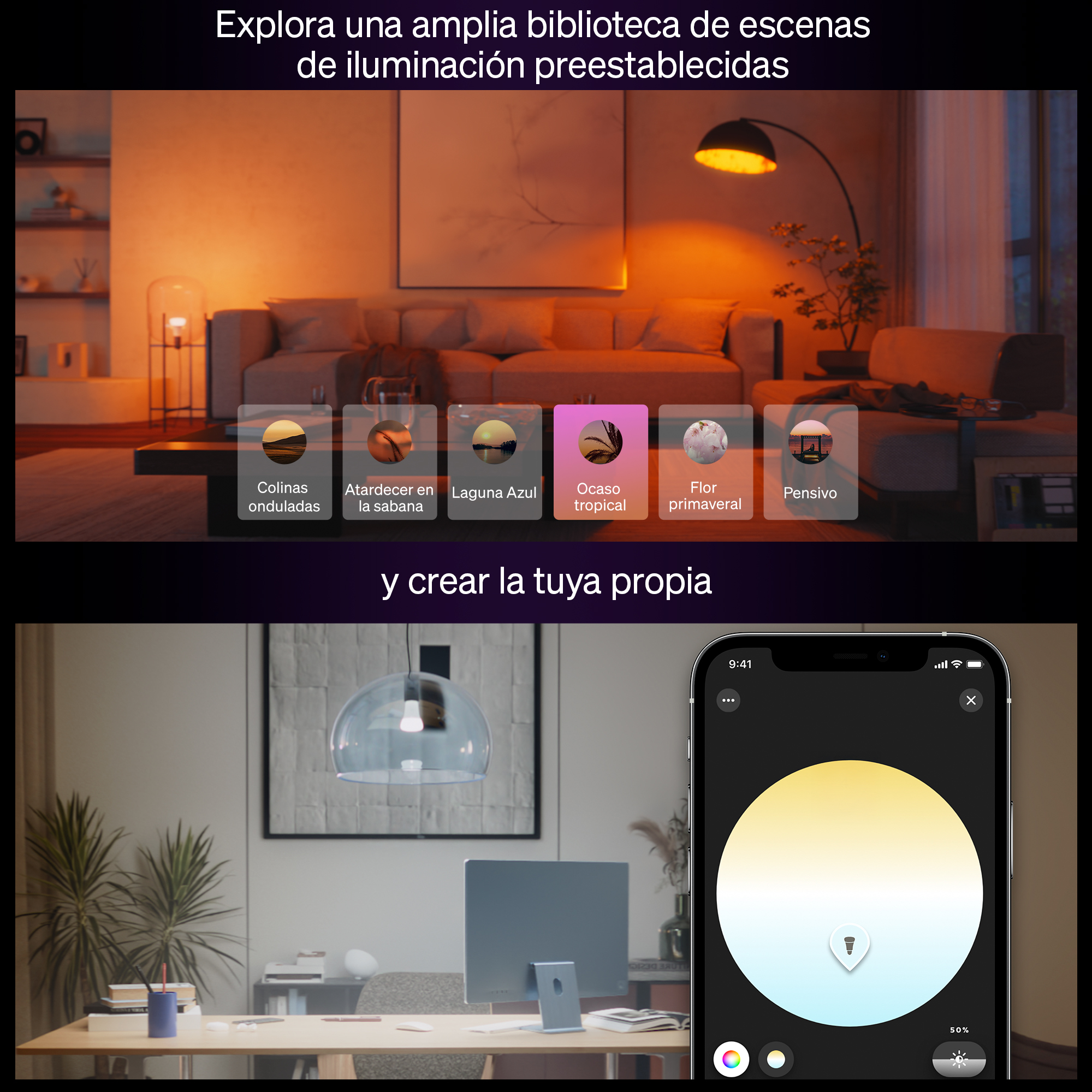 Una escena de sala y oficina que muestra una app de iluminación.