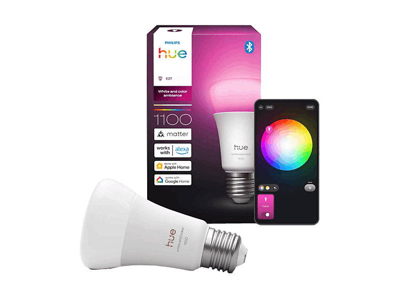 Bombilla inteligente - Philips White and Color Ambiance 1100, E27, 8W, Bluetooth, Compatible con matter, Alexa, Apple Home y Google Home, Blanco
